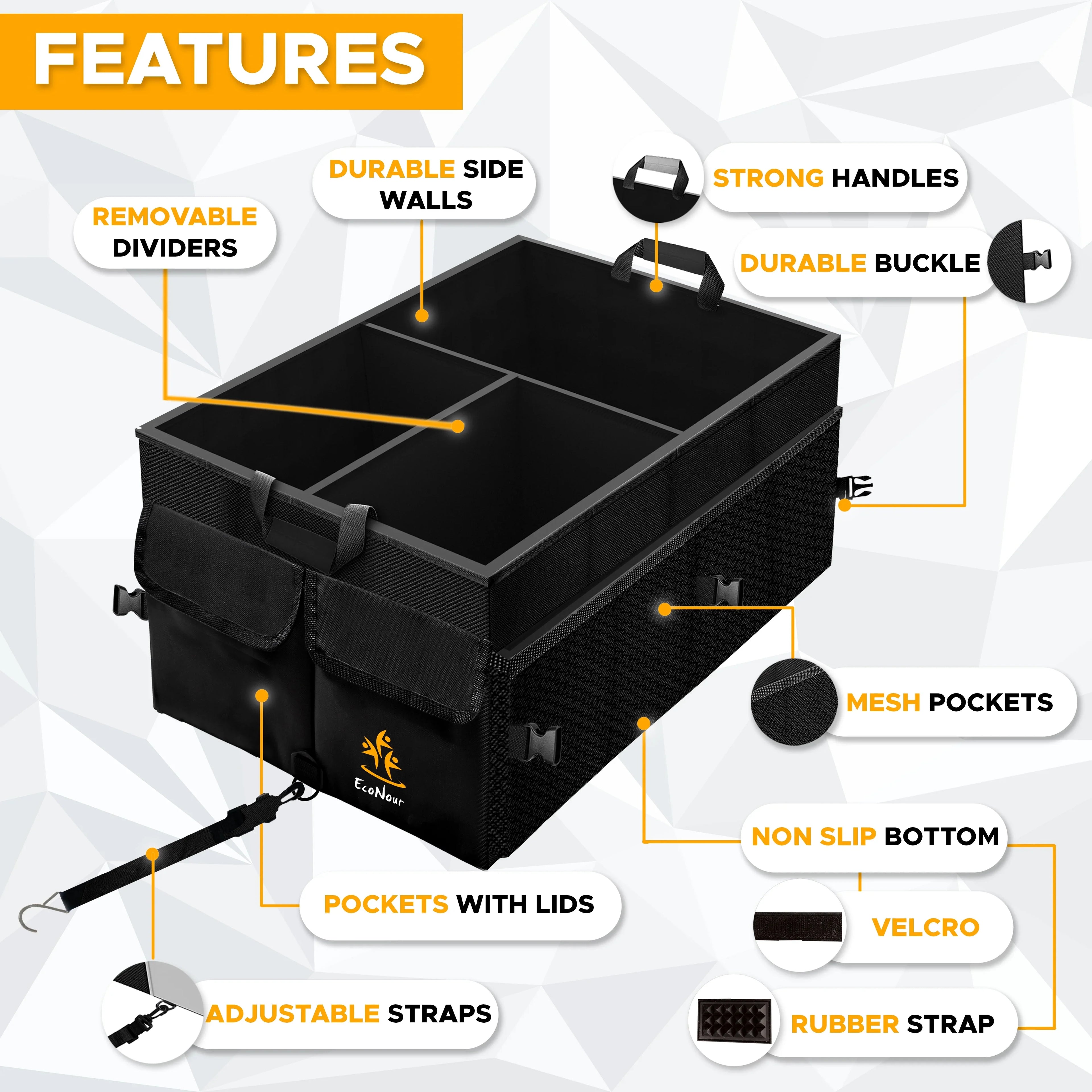 Car Trunk EcoNour Suv’s Collapsible Multi Compartment Black for | and Cars for Organizer | Trunk Organizer