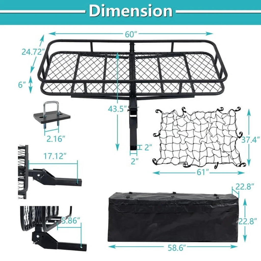 Capacity x lb Car Truck Folding net, cargo Net, 24" capacity x SUV Trailer, folding 60" mounted Cargo 500lb for basket Mounted 500 6" Cargo Black Hitched with Basket hook with cargo 60"x24"x6"