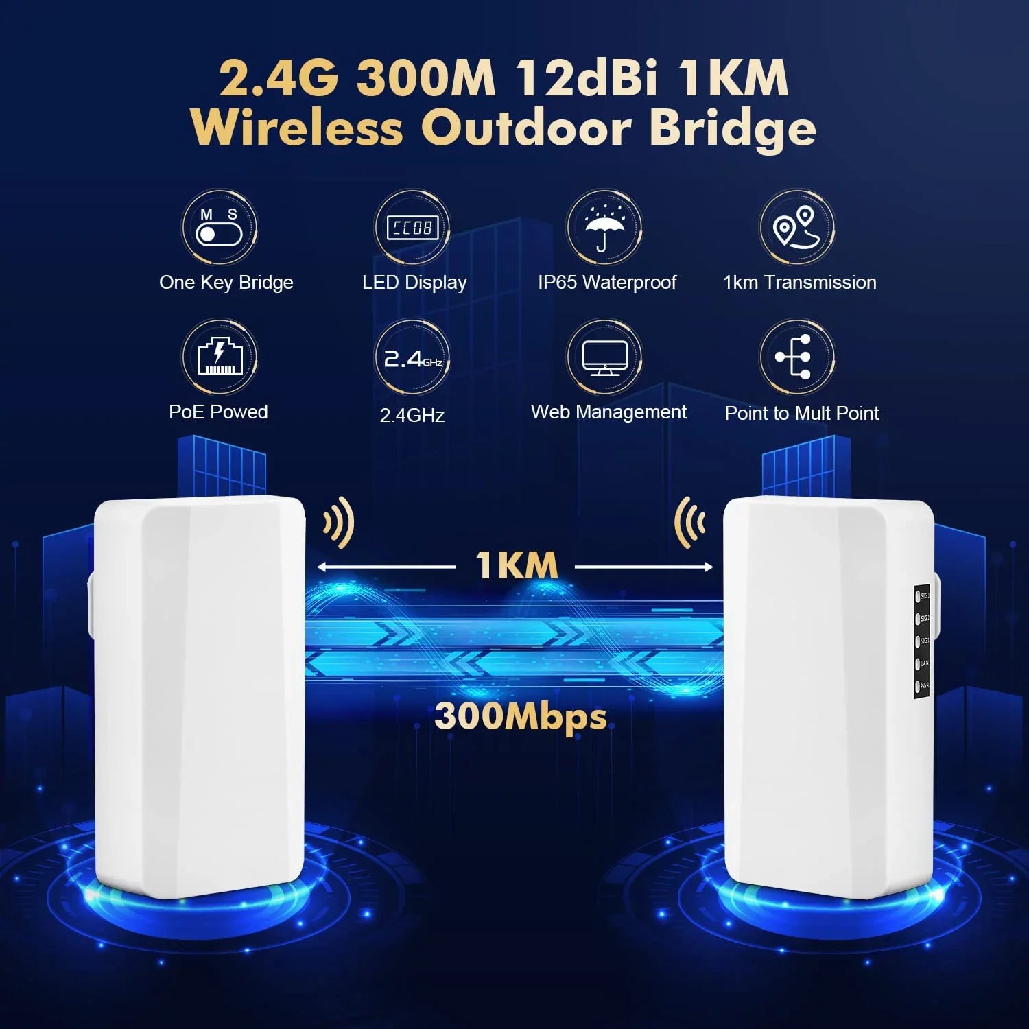 24V 500M-1KM Ethernet Outdoor Port, 2.4GHz 2X Bridge, Bridge, Point PoE Point 100Mbps to Distance,