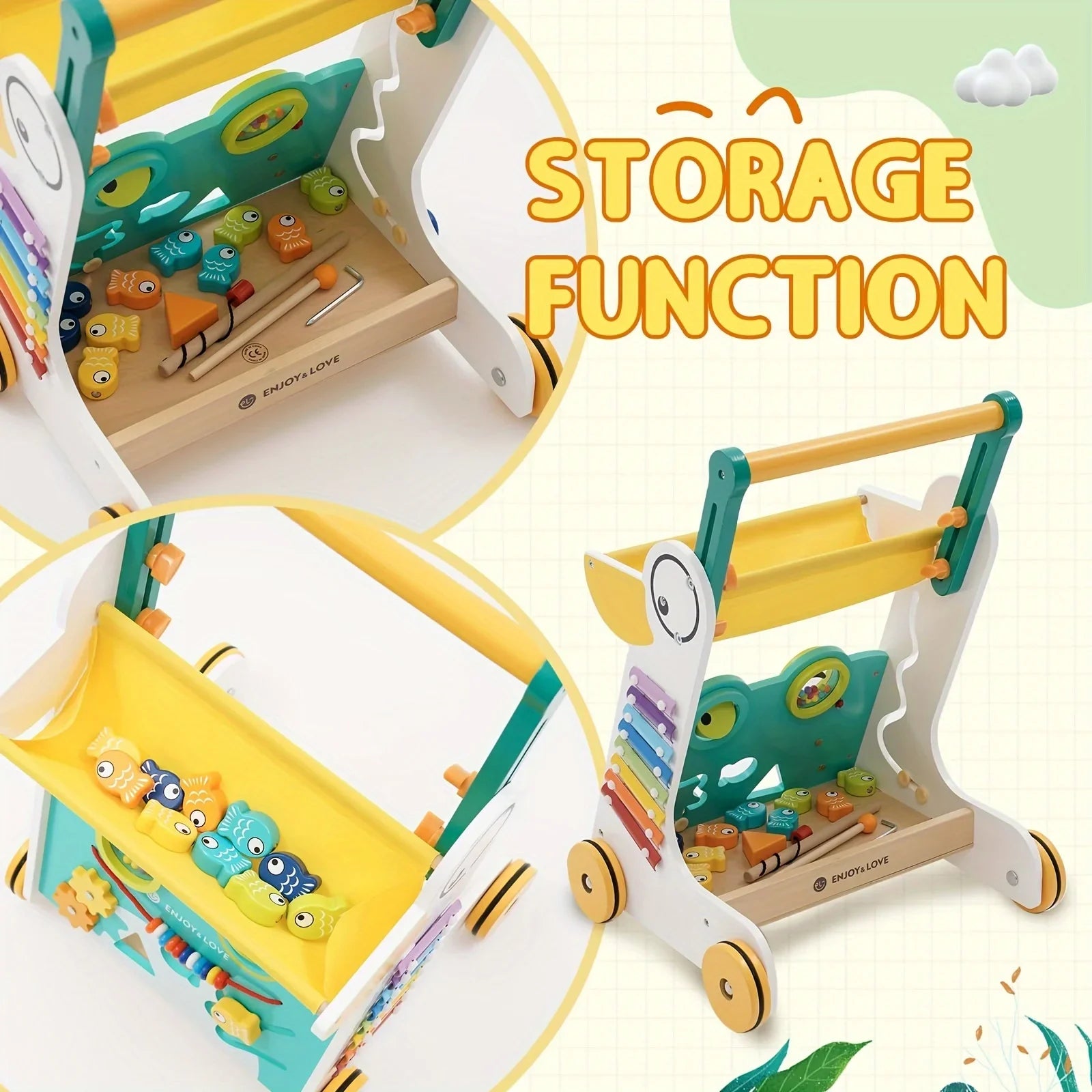 Sit-to-Stand Baby Kids Push Wooden Walker Multiple Shape Walker Baby Learning Entertainment Toy Xylophone Girls with Push Along Infants Activity Center for Toddler Boys Fishing Sorter Trolley