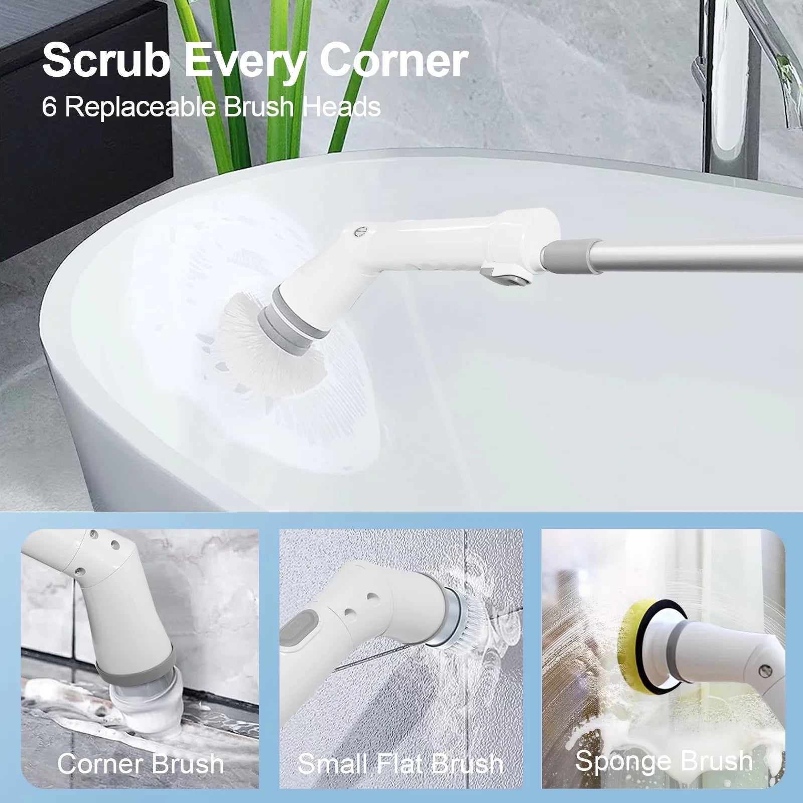 for Replaceable Spin 6 Tile, Cleaning Cordless Brush, Fixdono Bathtub, Heads Floor Scrubber, Scrubber Bathroom Electric Cleaning