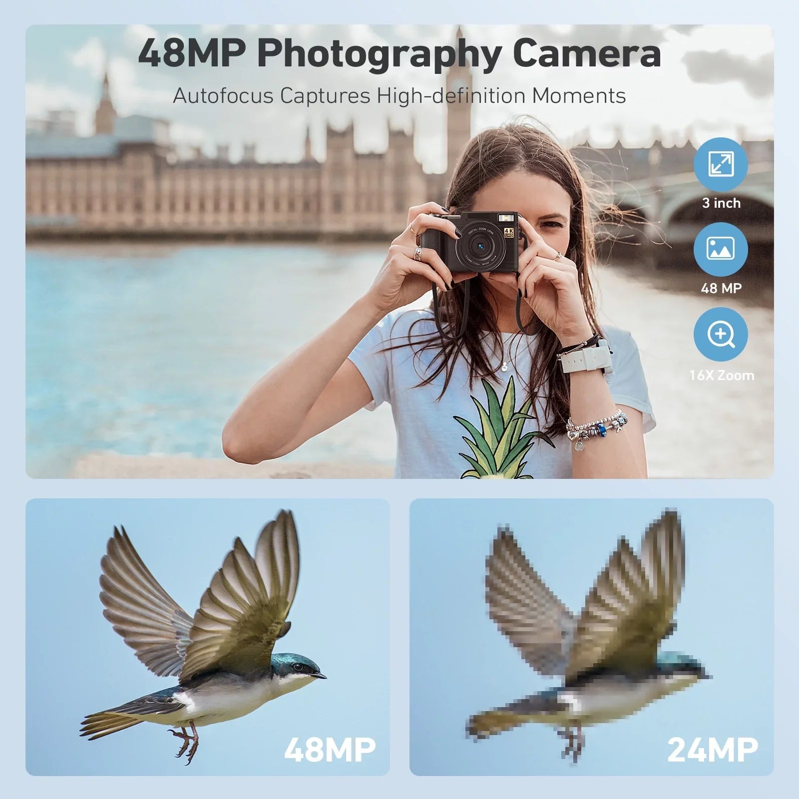 Screen Digital 16X Digital MARVUE Function Camera with Macro Camera YouTube Flash, for Zoom 180°Flip Vlogging Photography & 48MP Liftable 4K 3’’ Camera