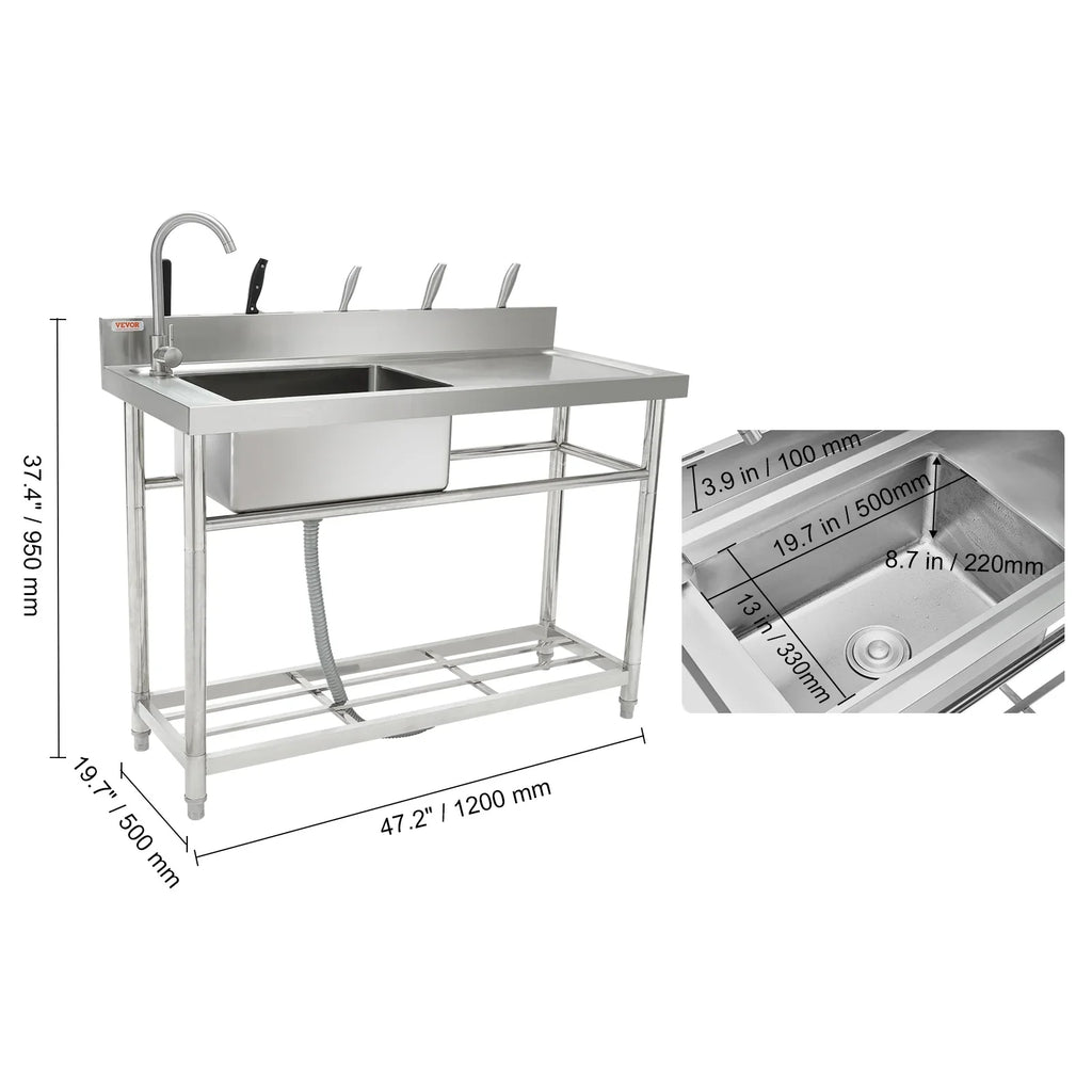 Bowl 47.2x19.7x37.4 Sink Utility w/Workbench in Single Stainless Steel BENTISM