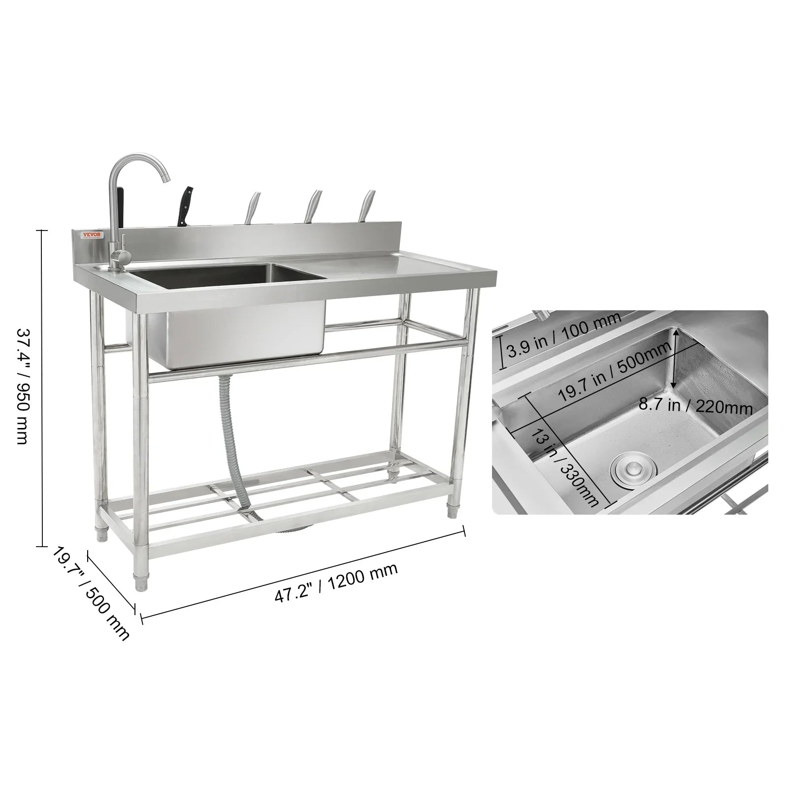 Bowl 47.2x19.7x37.4 Sink Utility w/Workbench in Single Stainless Steel BENTISM