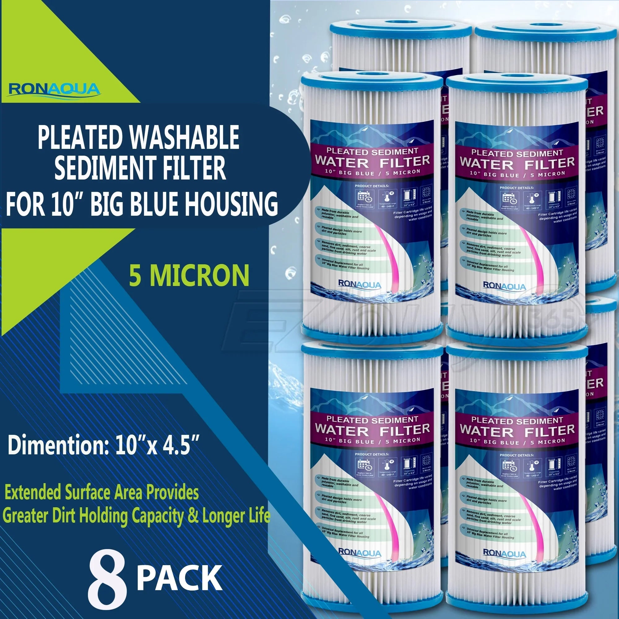 Life Pleated Filter Surface Washable 5 Filter 8) Blue Sediment Rust, Removes Silt, Housing Area, 10" by (Set & Micron Extended of Reusable Ronaqua Big for Blue Dirt, Sand, Amplified Big