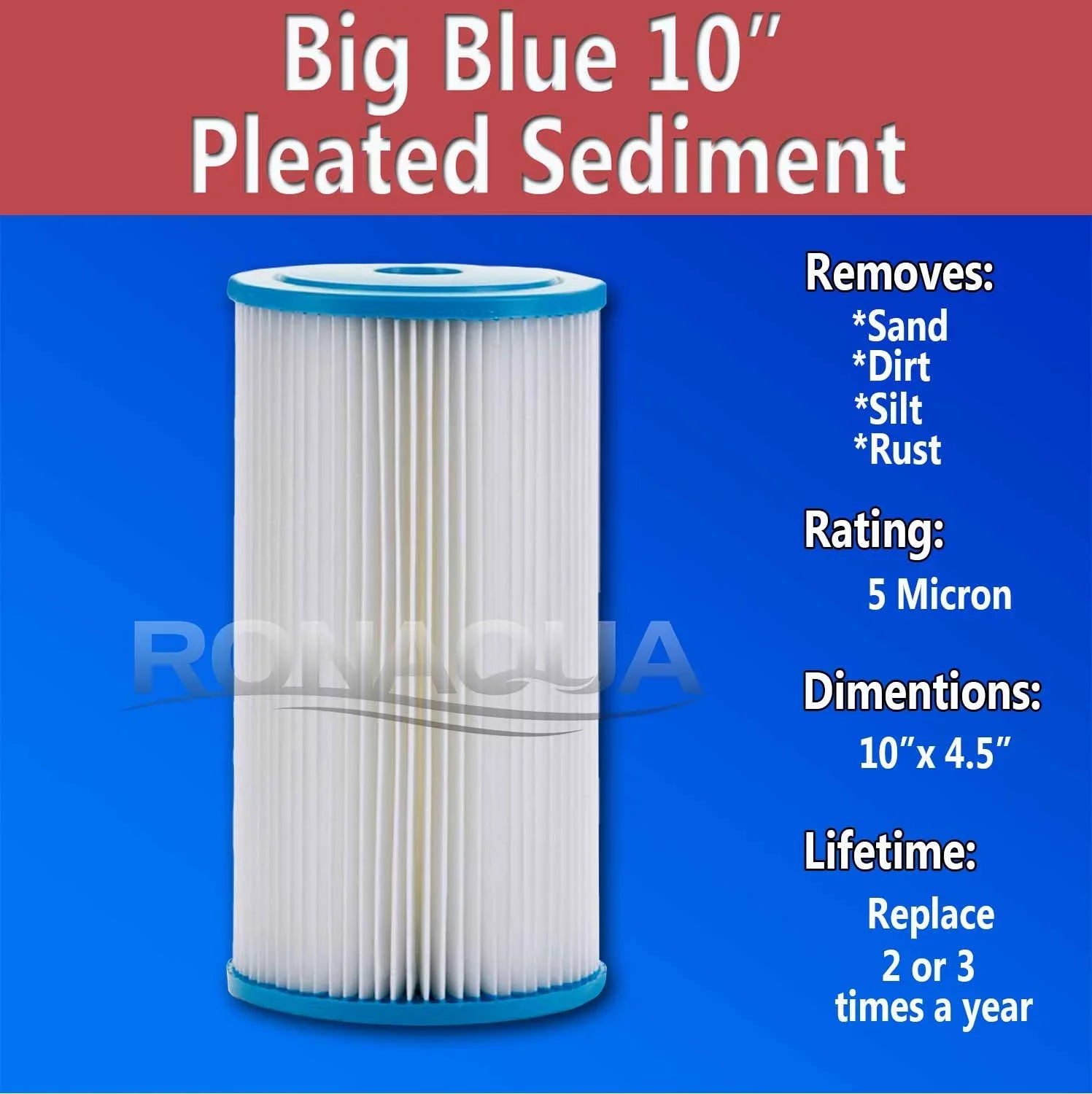 Life Pleated Filter Surface Washable 5 Filter 8) Blue Sediment Rust, Removes Silt, Housing Area, 10" by (Set & Micron Extended of Reusable Ronaqua Big for Blue Dirt, Sand, Amplified Big