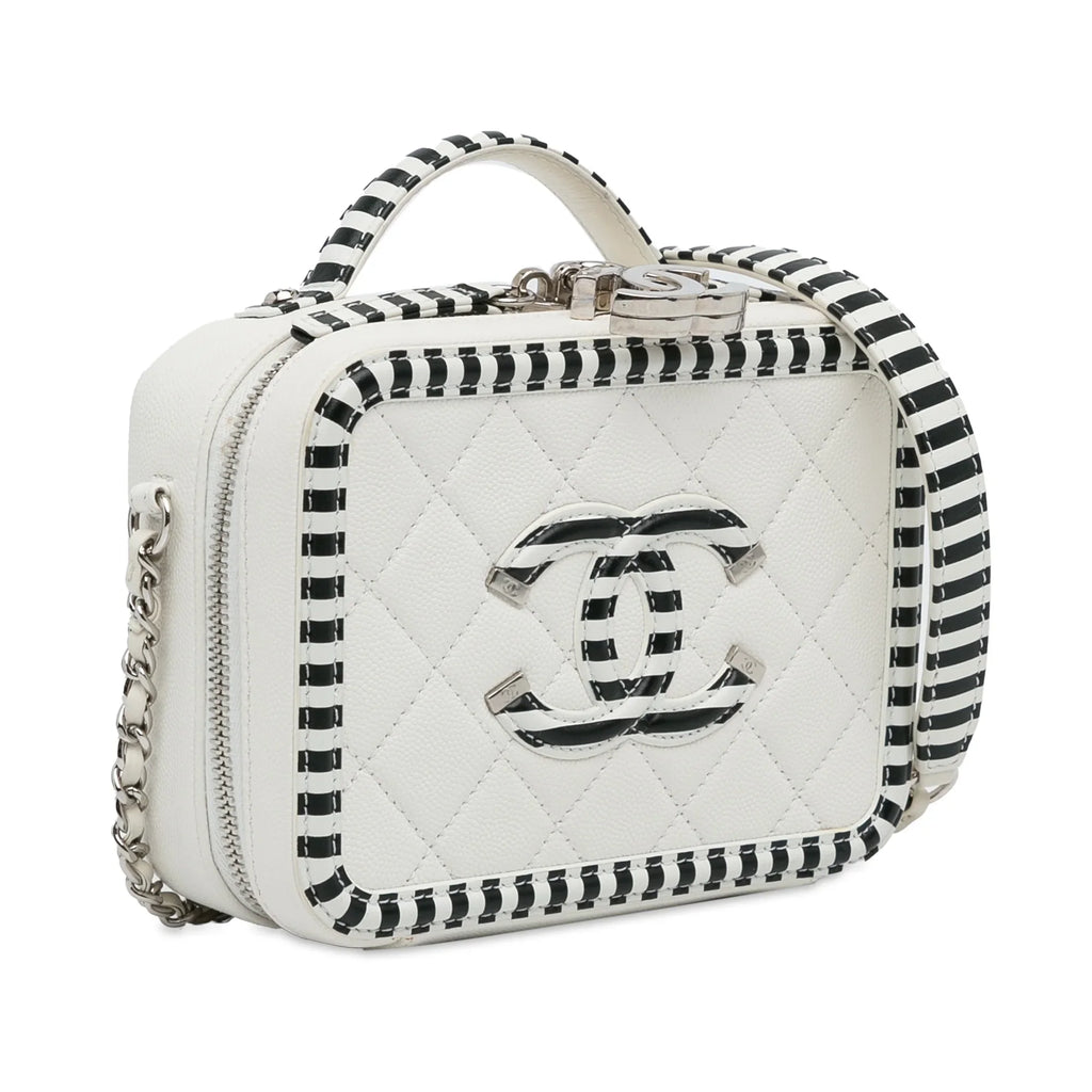Filigree Leather (Like Pre-Owned Caviar Bag Authenticated CC White Unisex Small Chanel New) Vanity