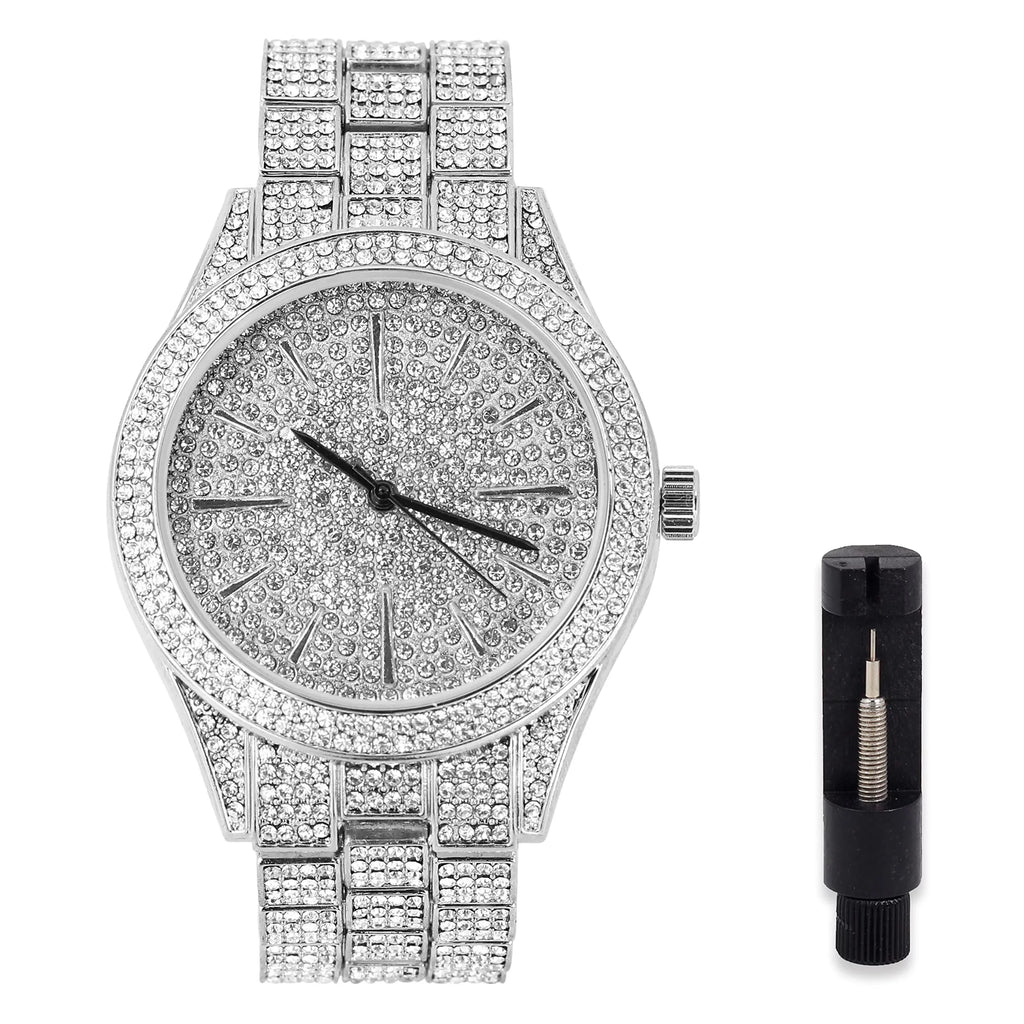Movement - Out Simulated - Bling Mens Watch Adjustable with Band and Dial Tone Diamonds Bling-ed Silver Diamond Out - Iced 42mm Finish Fully Metal Quartz