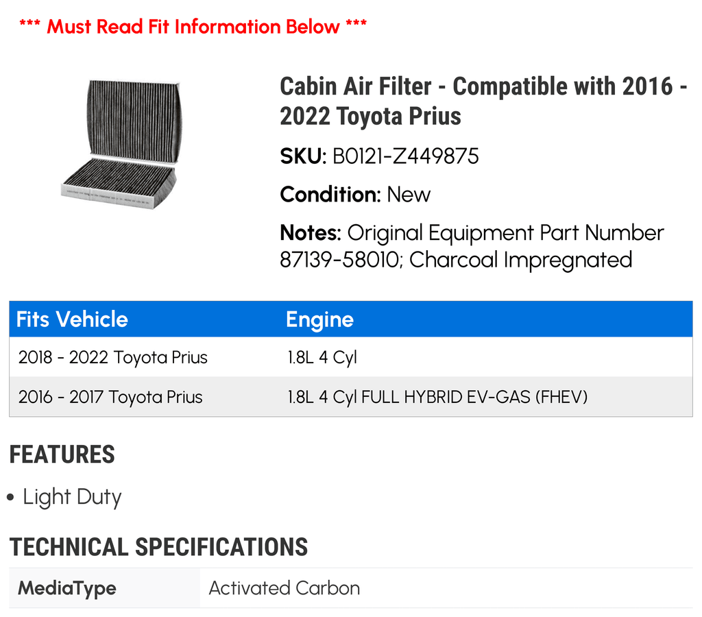 Cabin Prius 2020 - 2022 Air with 2017 Compatible 2021 Toyota 2018 Filter 2019 2016 -