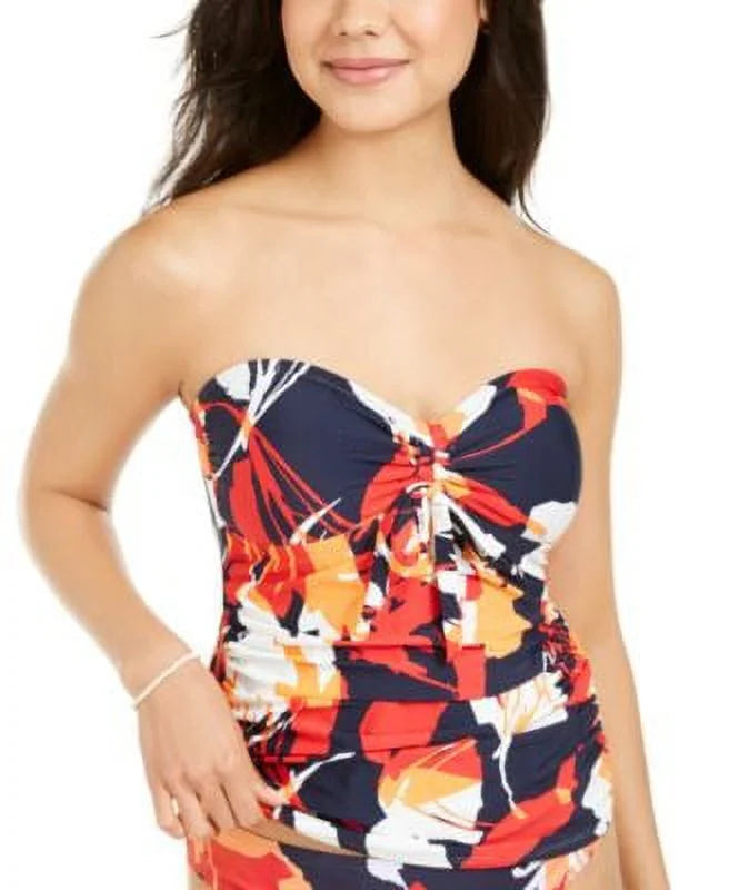 US Printed DKNY X-Small FLORAL Tie-Front Top, Strapless HERITAGE NAVY Tankini