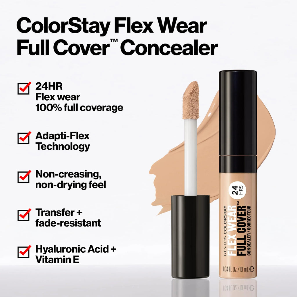 With Wear, E, Infused Cover Vitamin Concealer, 0.34 Oz. Vanilla, Flex Revlon Hyaluronic Fl Acid 010 Flexible Colorstay Longwear, & Full Non-Creasing