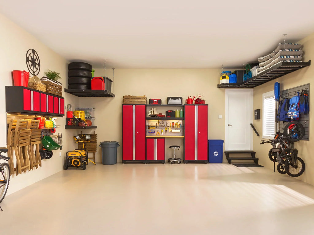 Duty Garage Storage Steel Slatwall Set, Wall Bold System, NewAge Cabinet Shelf Heavy Mounted Red / Products Included Series 24-Gauge 13 Piece