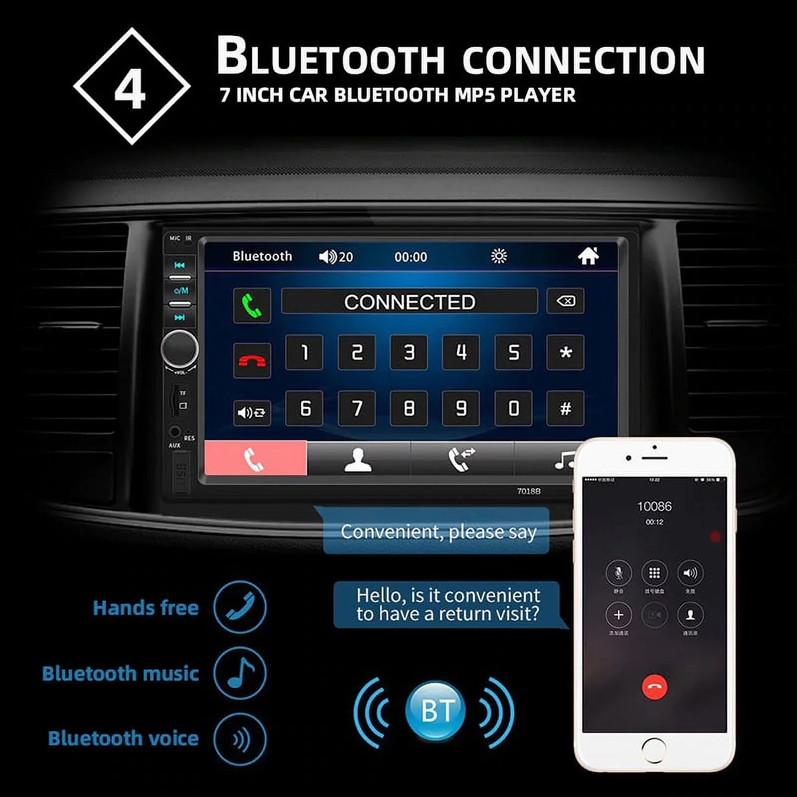 Bluetooth Stereo Car Link with Double Polarlander Audio AUX Touch 4LED Din USB with HD Backup Screen MP5/4/3 Function Car Car Multimedia Player 7-inch SD Camera Mirror Radio FM