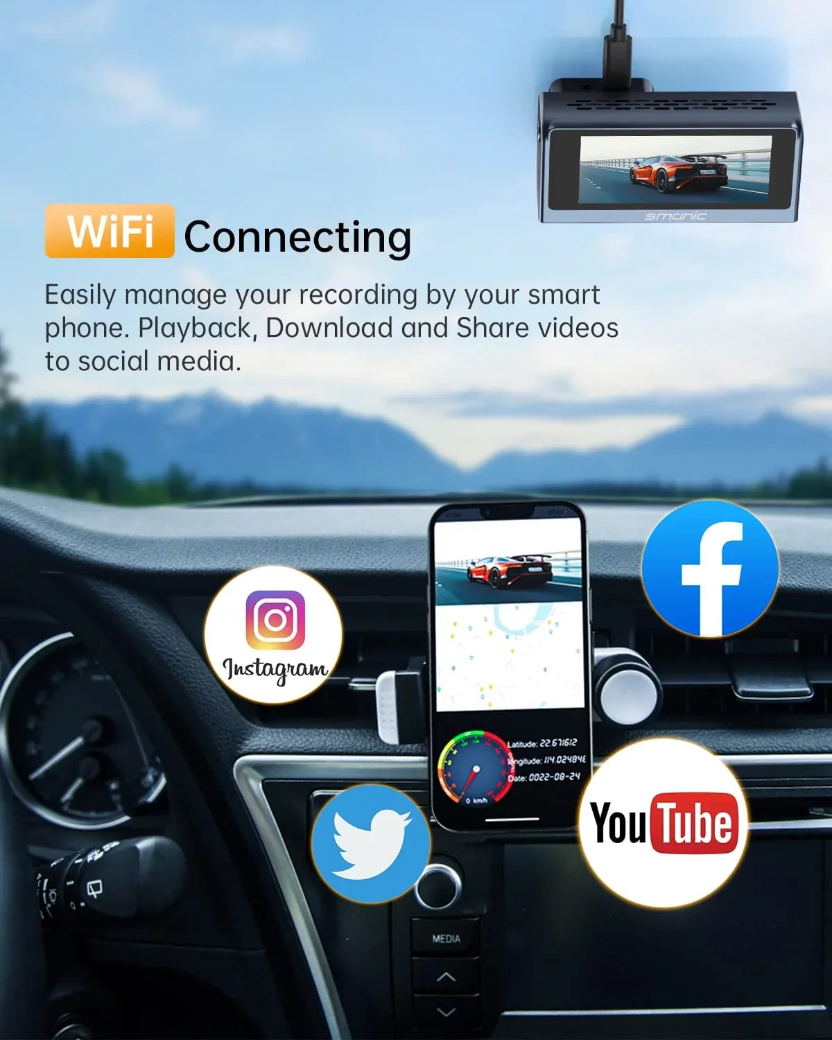 Cam GPS for Built Car Smanic WDR,24H Mode, WiFi Camera Recorder Parking 3.16” Cars Screen, Vision, Dash Recording Front, Angle, Wide Loop IPS 170° with 4k Dash Dashboard Night