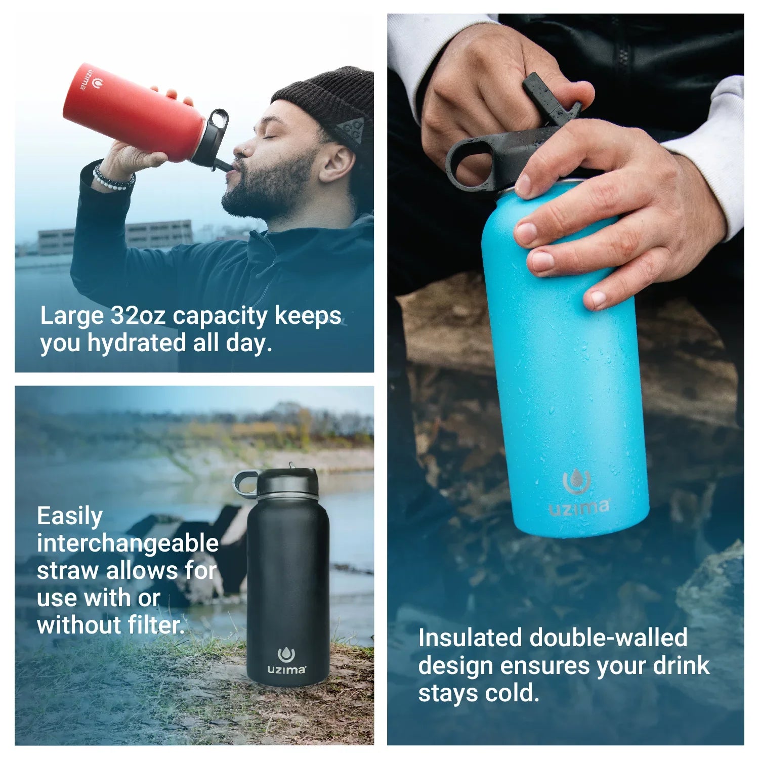 Camping, Water Purification the Hiking, Uzima Capacity Z-Source - Water Large Go. on 32oz and Travel. Bottle for Backpacking, Steel with (Black) Stainless Double-Walled Exterior. Filtered