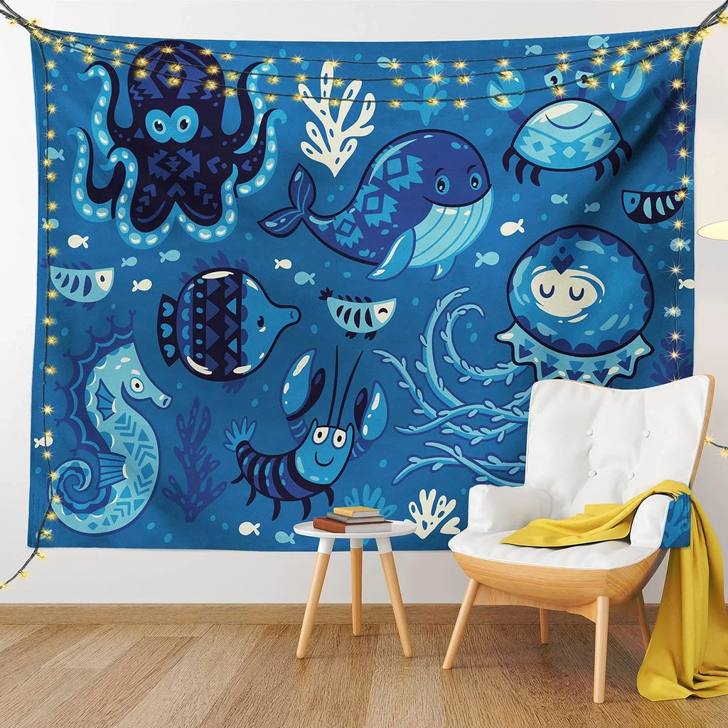 Octopus Moss Dorm, Fish Room Hanging Whale Tapestry, Animals X Fabric Living Little And For 30", Deep Print, Ocean With Decor Blue 45" Cartoon Bedroom Wall Sealife
