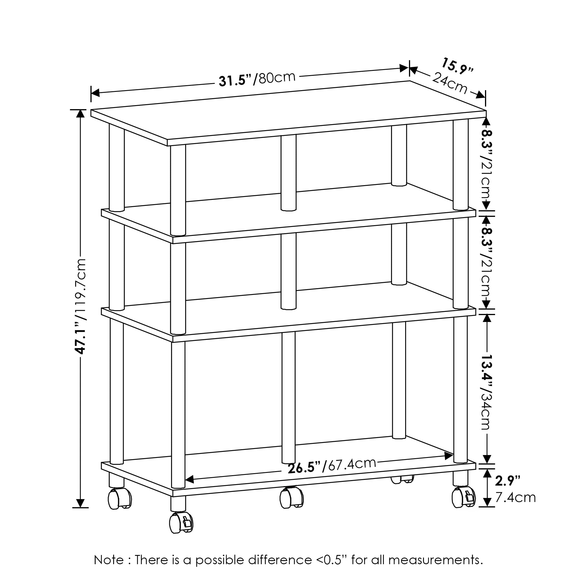 Rolling Island Walnut/Black Kitchen on Columbia wheels, Furinno Helena 4-Tier
