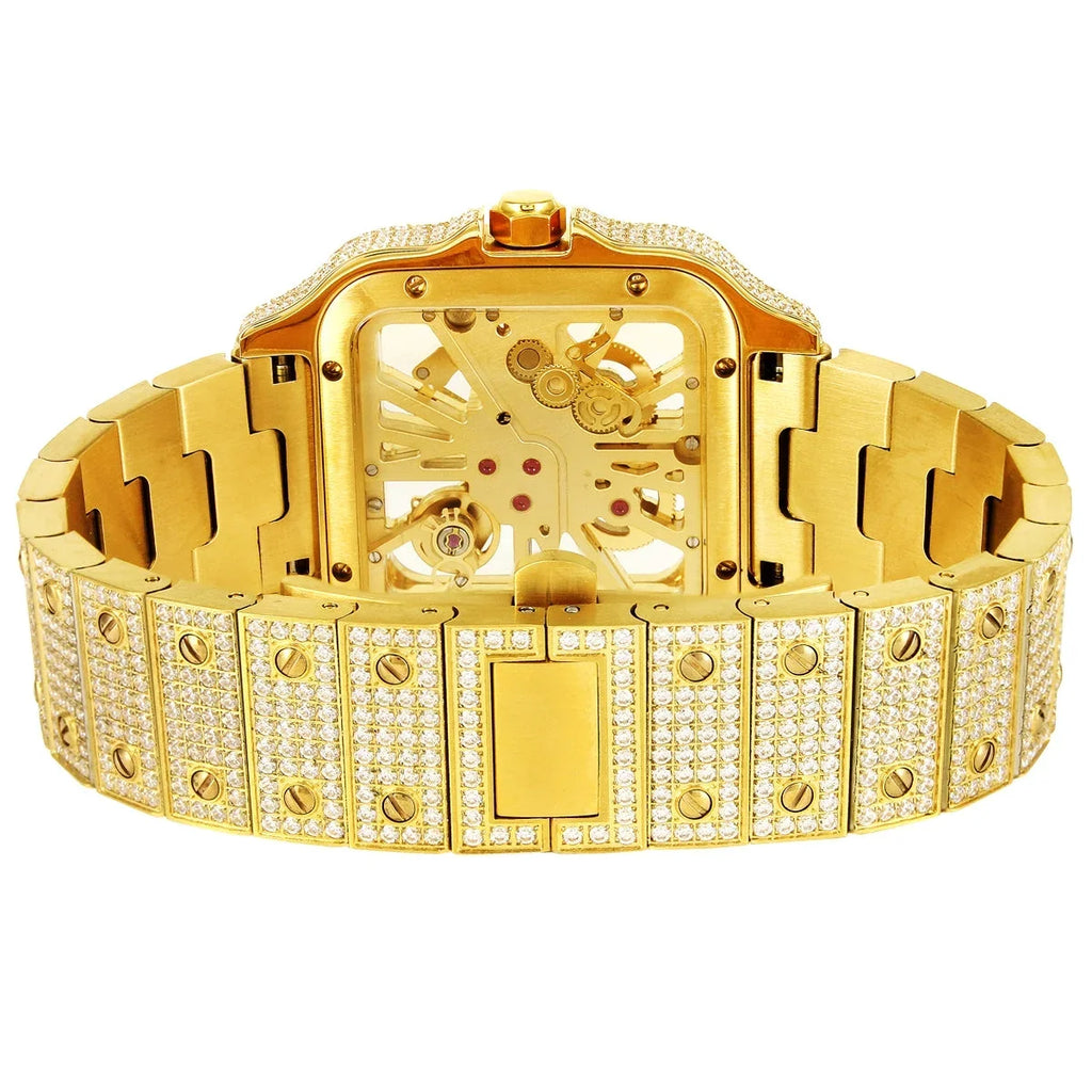 Skeleton Gold 14K Automatic Mens Steel Tone Dial Watch Diamond Stainless Custom Moissanite
