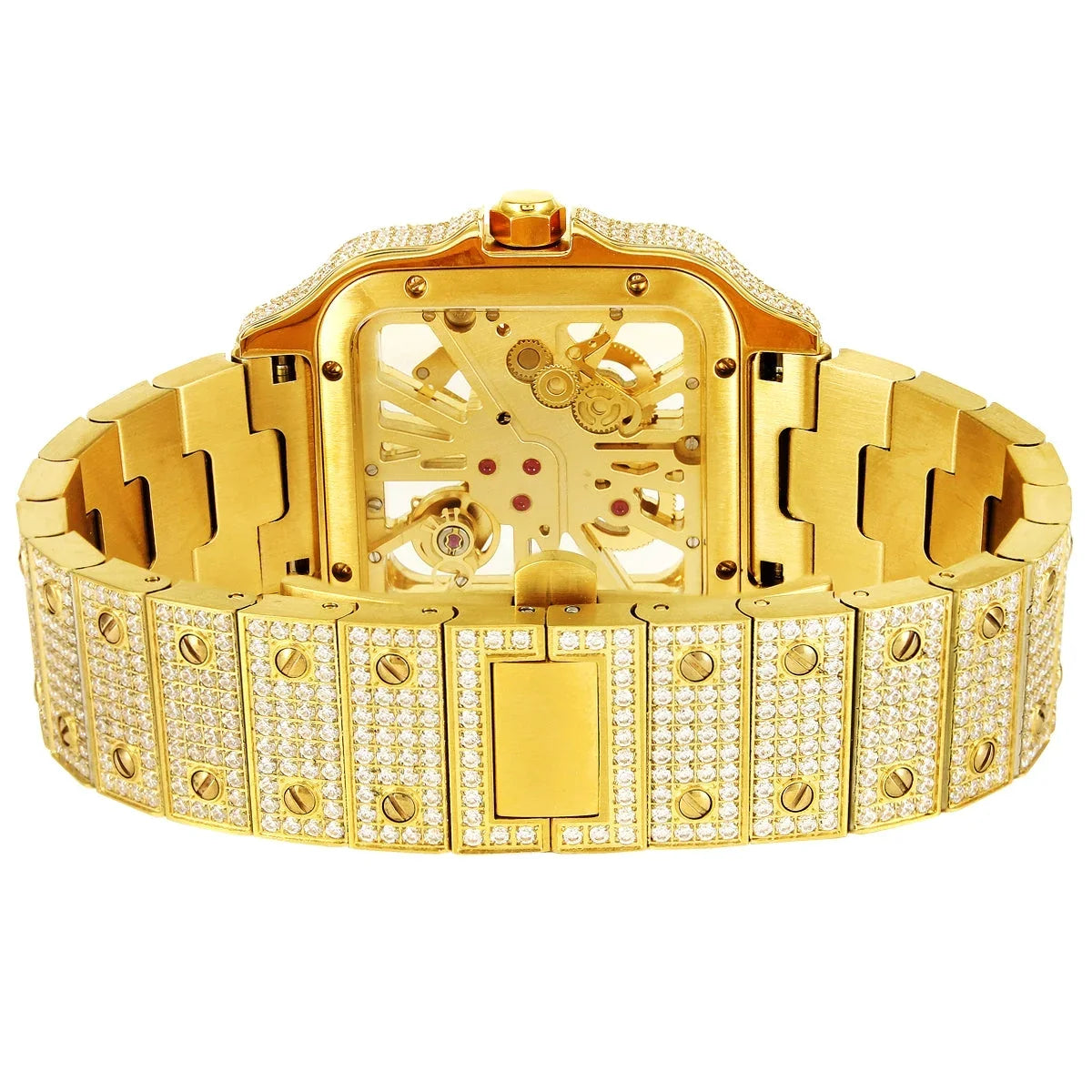 Skeleton Gold 14K Automatic Mens Steel Tone Dial Watch Diamond Stainless Custom Moissanite