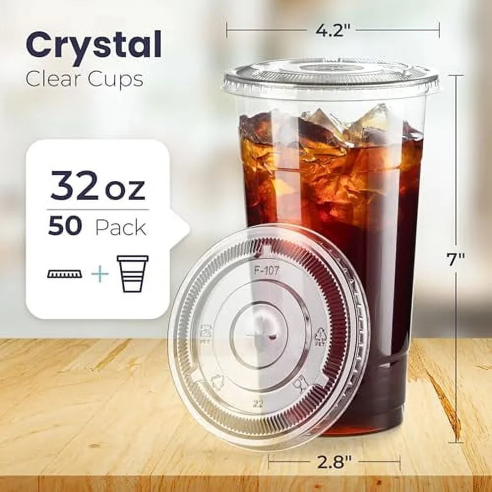 Tea for Premium Cups, 32 Lemonade oz Bubble Milkshake, BPA Stand, Drinks, Clear Juice, Coffee Free Party, Pack] Cold Smoothie Plastic Iced [50 Crystal Boba, with Cups Cup Disposable Flat Lids,
