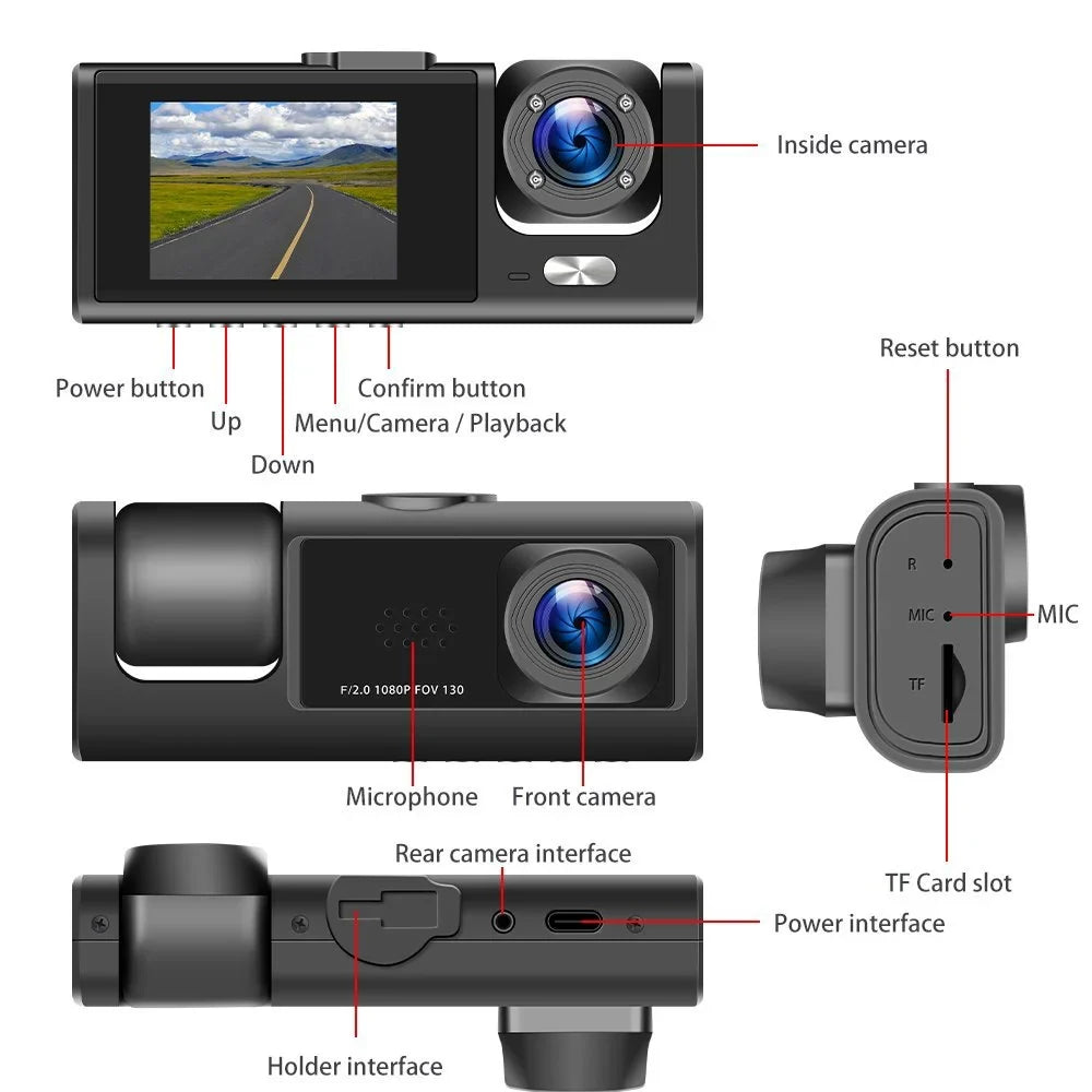 and Parking for Dash 3 Inside Night Triple Vision, Full Front Monitor Dashcam Card, Channel 1080P Cars, HD Rear Camera Three W/IR Dash Loop Car Camera Recording, TF Cam W/32GB Way G-Sensor,