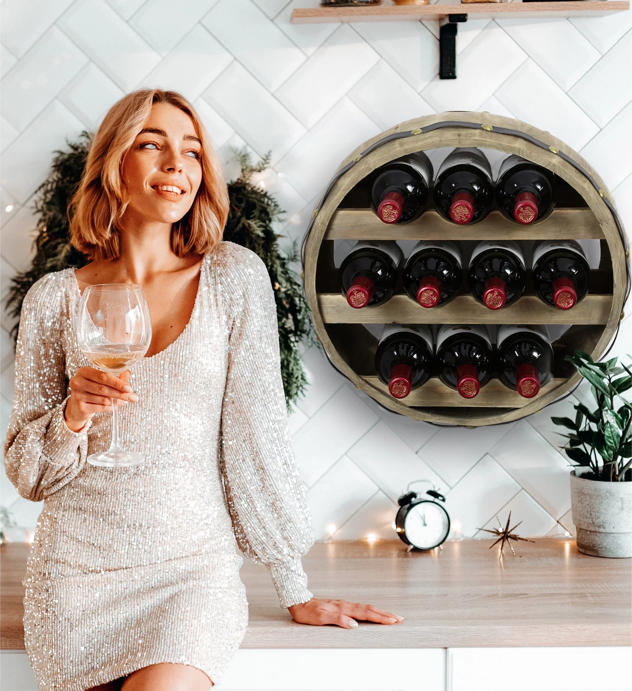 Wood Global Wall Rack Natural Wine Mounted Barrell Cota