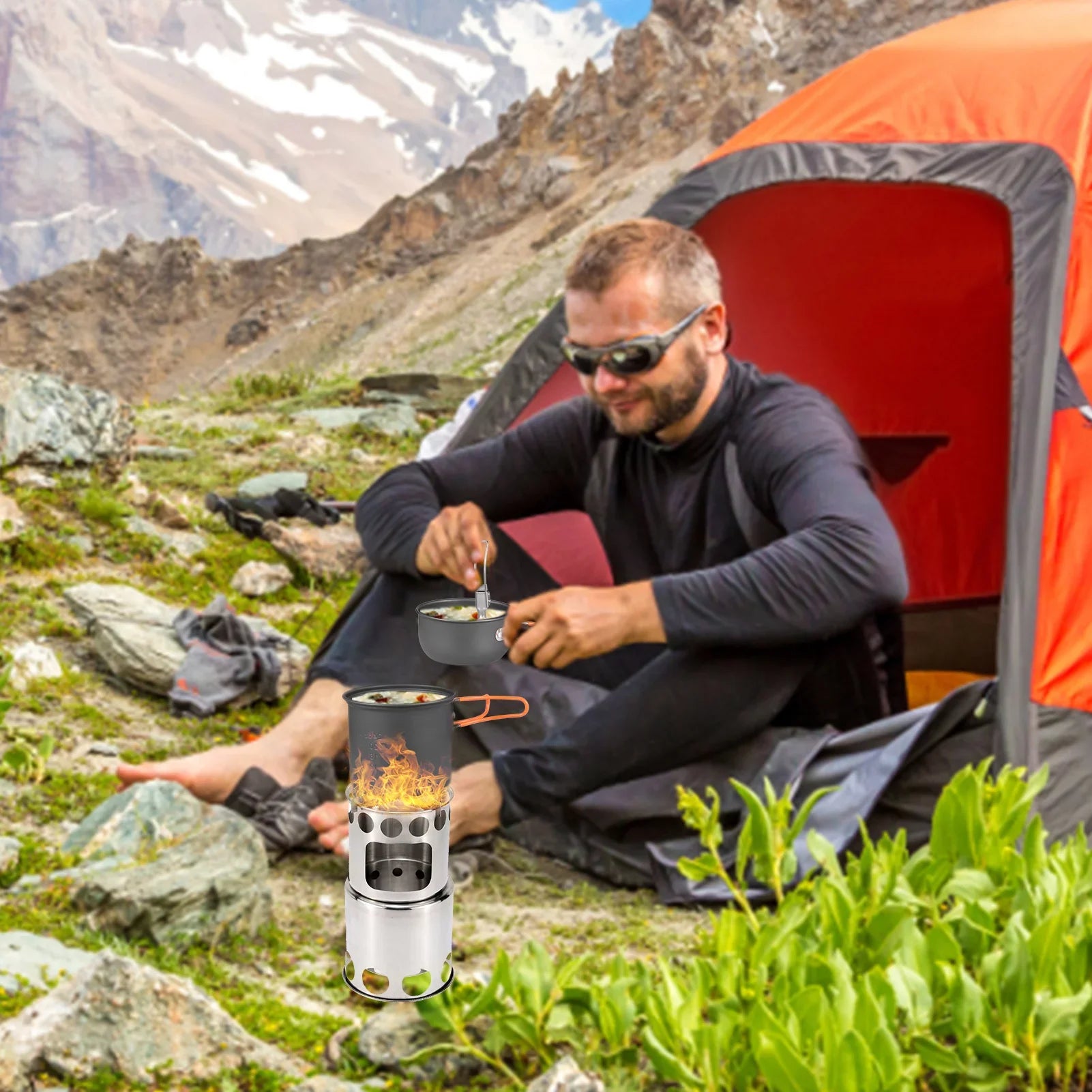 Steel Ideal Stainless Lightweight Utensils Camping Aluminum for and Cooking Stove with Picnics and Backpacking Set Pot Cutlery ammoon