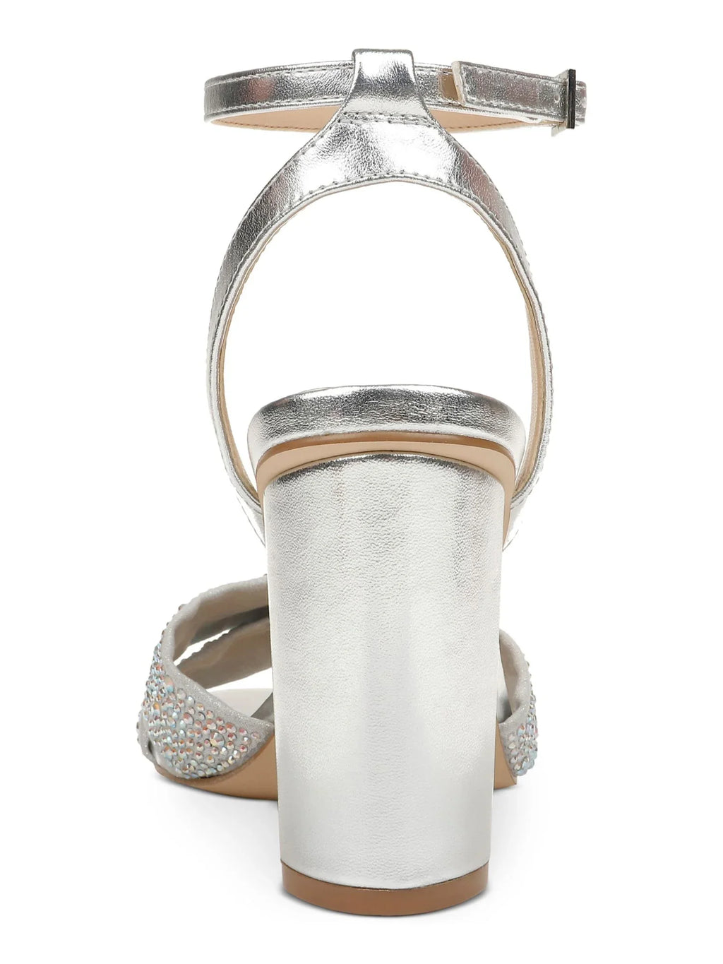 Rhinestone Round Silver BADGLEY Dress Toe JEWEL Twisted M Block Ankle MISCHKA Buckle Adjustable Strap Heeled Sandal Nicoline Metallic Strap Heel Strap Womens Padded 7.5