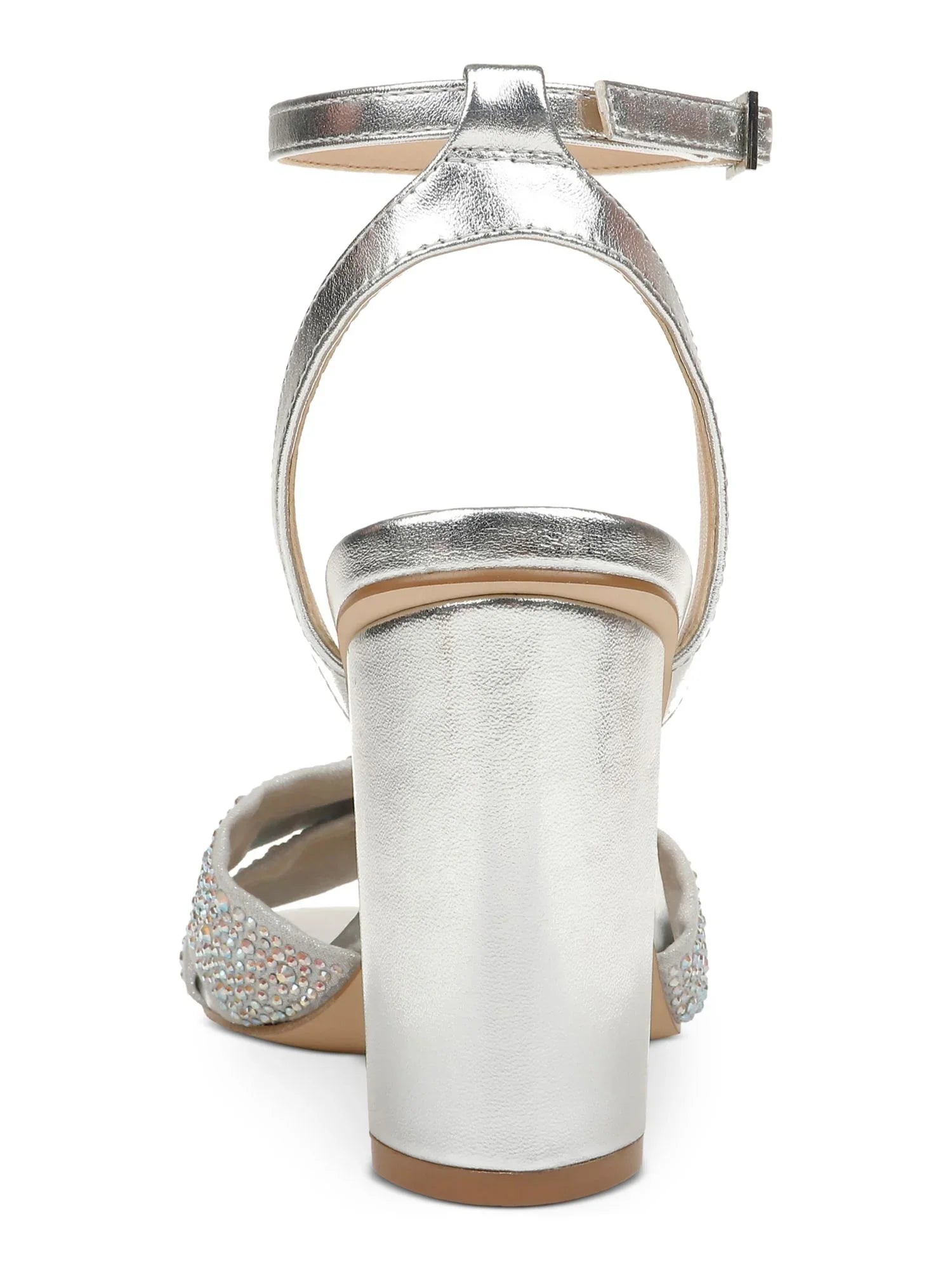 Rhinestone Round Silver BADGLEY Dress Toe JEWEL Twisted M Block Ankle MISCHKA Buckle Adjustable Strap Heeled Sandal Nicoline Metallic Strap Heel Strap Womens Padded 7.5