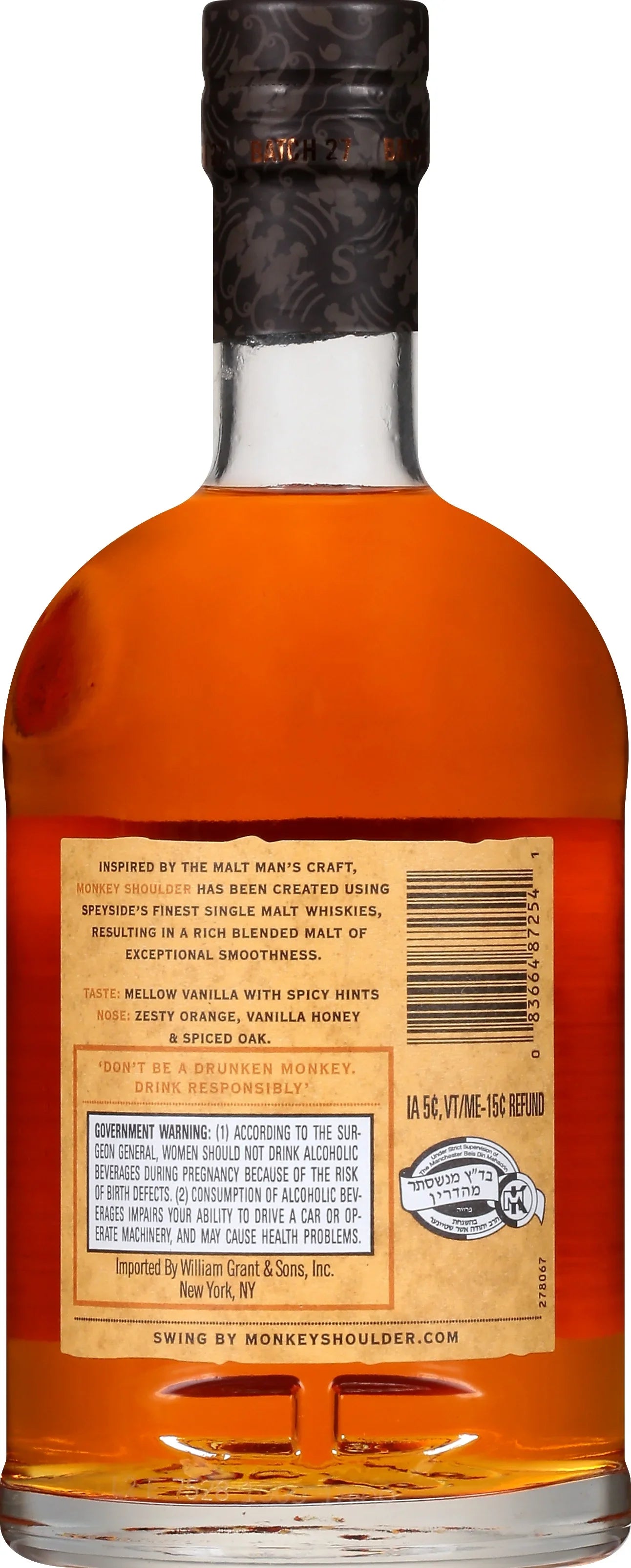 Whisky, Scotch Glass Proof 750ml Monkey 43% Bottle, Shoulder 86 ABV