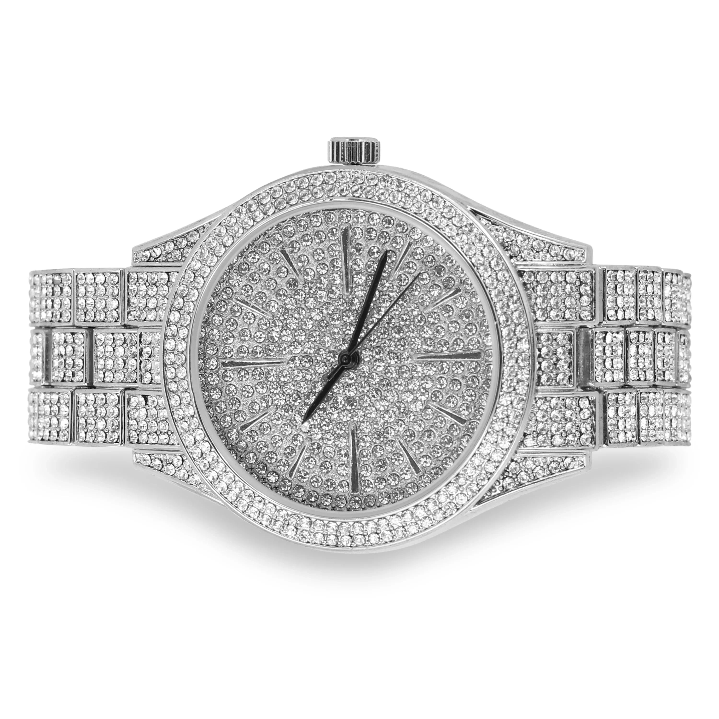 Movement - Out Simulated - Bling Mens Watch Adjustable with Band and Dial Tone Diamonds Bling-ed Silver Diamond Out - Iced 42mm Finish Fully Metal Quartz