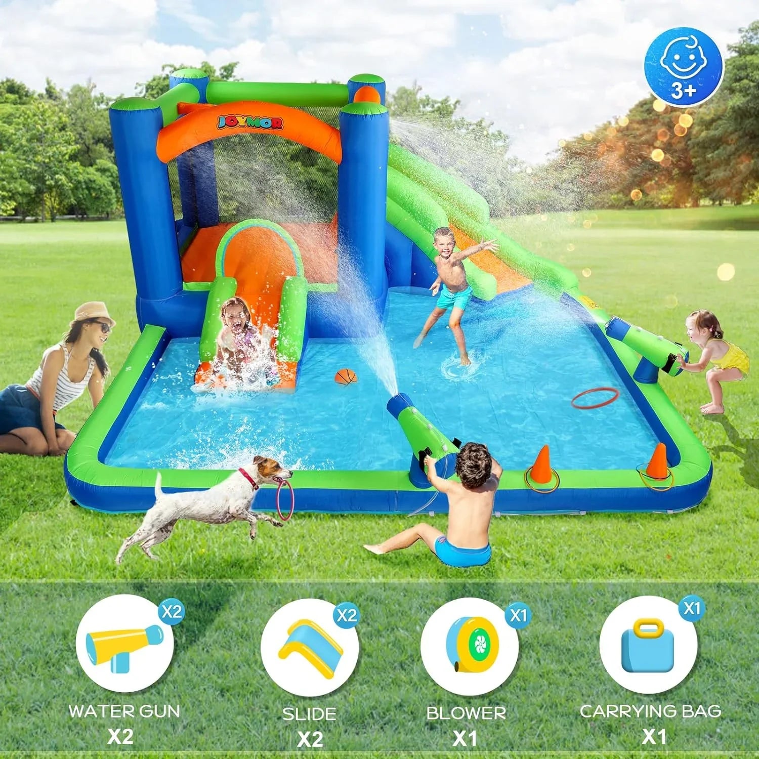 Water Game, Inflatable Hoop, House Water Blower New) House Bounce Water Inflatable (2024 JOYMOR w/Slides, Cannon, Slide 3-6, Ring-Toss Inflatable Slide Bounce Water Air Kid for w/Basketball