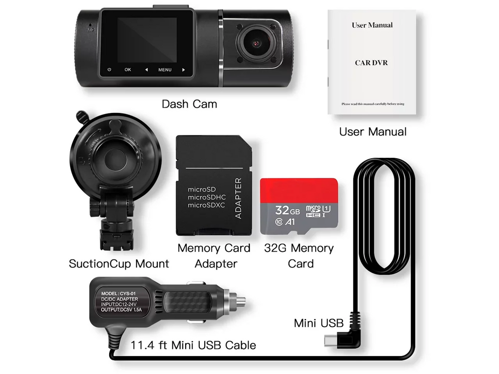 Car G-Sensor FHD WDR Taxi Recording Front Hardwire Cam Driving Dash Vision Camera Rideshare Dual 1080p+1080p Recorder Infrared Loop Night Inside Kit Cabin for Included with
