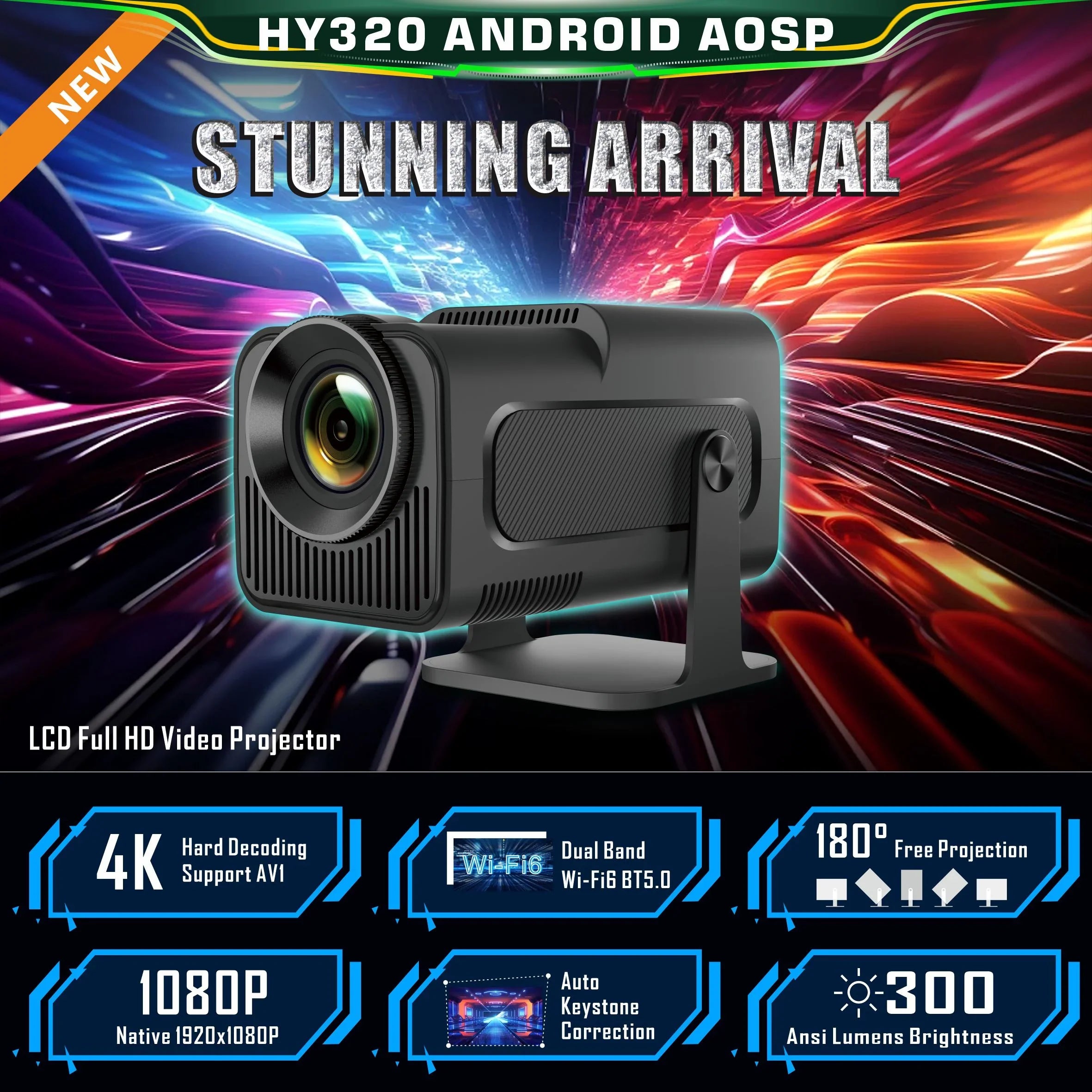Bluetoth 6 1080P LED 11 4K Rotating HY320 Home Android Projector 5 Keystone Projector, 5G HD Yinzam WiFi 180 Native MAX Full Auto