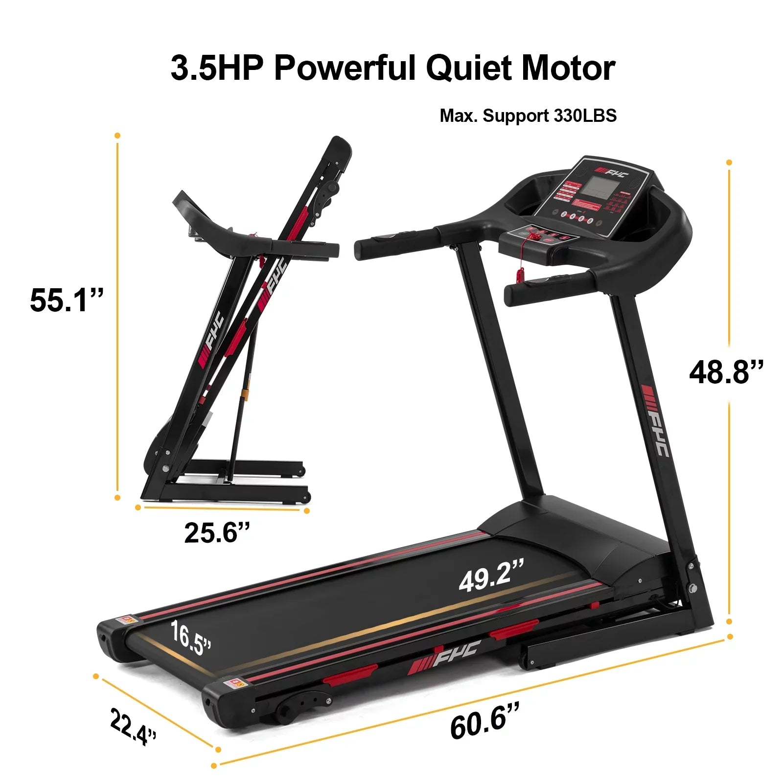 Home FYC 16KM/H Exercise Machine - Folding LBS Weight 330 Treadmill Foldable with Incline/, Capacity Electric Dcenta for Max 3.5HP Speed Running Gym Home Treadmill Workout Easily Assembly,