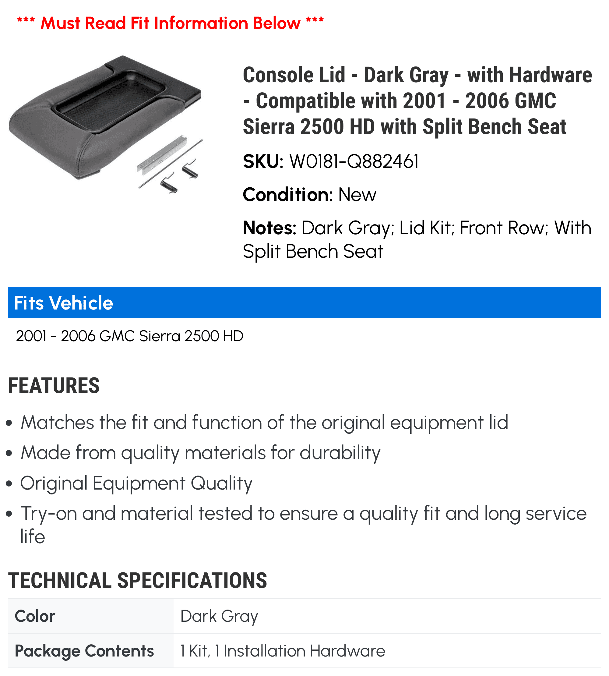 '- 2004 Bench GMC 2002 Dark with Seat - 2006 2005 with - Hardware Console 2001 with Compatible 2003 Split Lid HD - 2500 Sierra Gray