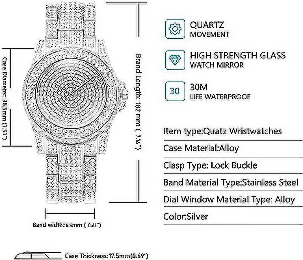 for Watch Gold Watch Steel Ice Men Wrist Crystal Rhinestone Quartz Watches Men Women Silver ManChDa Watch Watch Watch Diamond Out Stainless Full Watch Women Diamonds