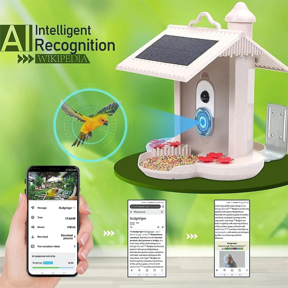 TF IP65 Identify Waterproof Bird AI Notification, Enthusiasts Capture WIFI Bird Bird Watching Real-time 1080P Auto for Species, Cards Motion 128G Feeder Video, Smart moobody Camera Detection, Bird