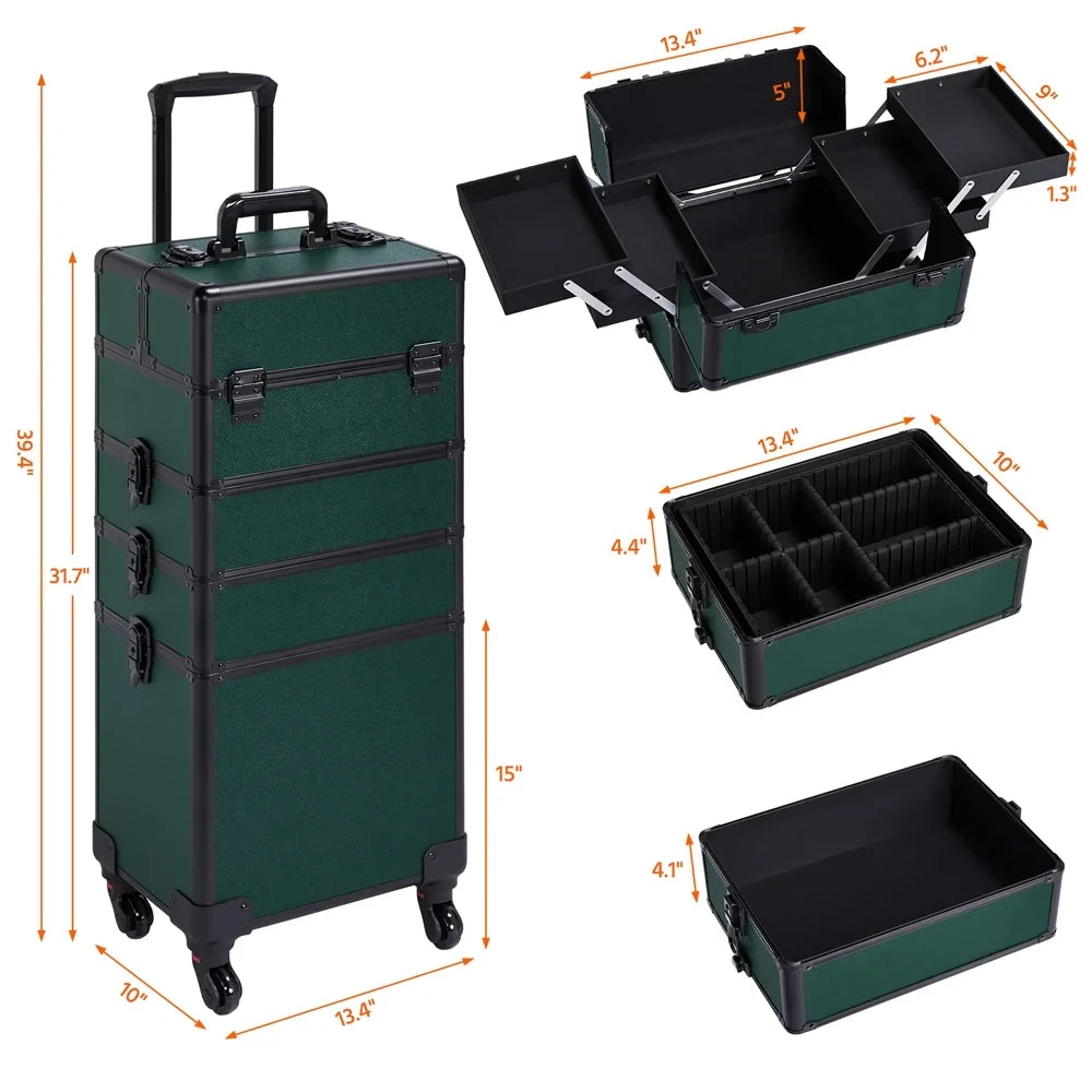 Makeup Green Aluminum Alden Case, Travel Professional Cosmetic Design 4-in-1 Dark