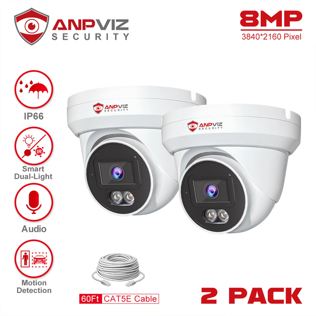 4K Vehicle with Built-in 8MP Vision Camera PoE Detection, Outdoor, Turret Security Wide Anpviz Light Angle, Dual Cameras AI Waterproof IP 98ft, PoE Mic, 110° Human Camera Night IP66 Smart Color