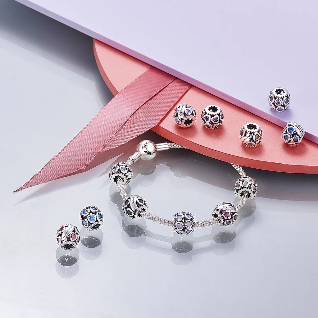 Bracelets 925 Heart Birthstone NINGAN Silver Pandora February Bead Love Charms Charms Openwork Sterling for
