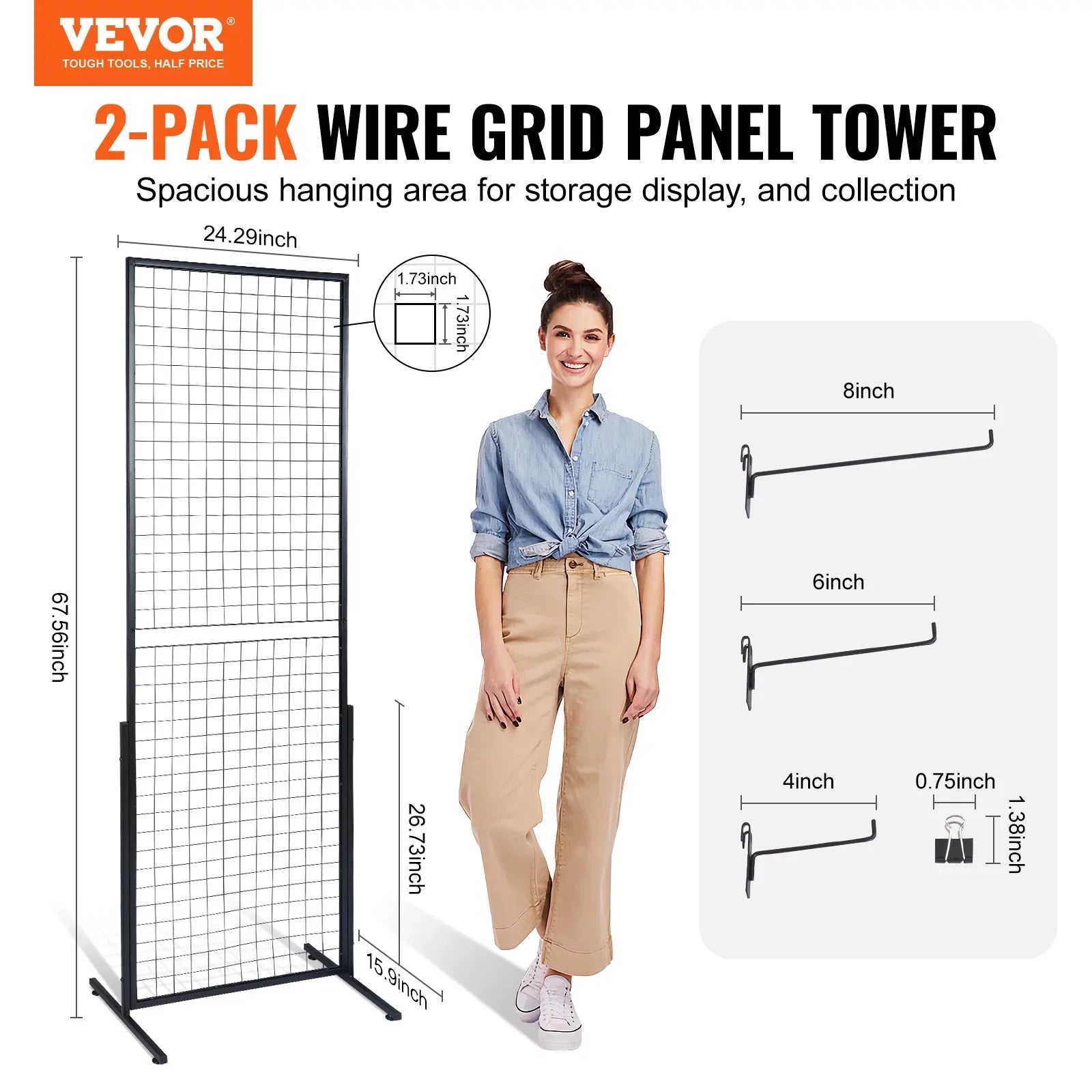 Side Wall T-Base with Packs Grid Gridwall 2' Gridwall x Double Retail Floorstanding, Shows, Display and Wire Art Extra Clips Panels Racks Display for 2 Panels Tower, with 5.6' Craft Hooks BENTISM