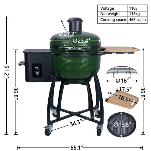 Roasted MADETEC with Smoked 19.6" Grill Outdoors BBQ diameter Patio,Green Double Ceramic 24" Pan-roasted Liner Gridiron 4-in-1 Pellet for Ceramic