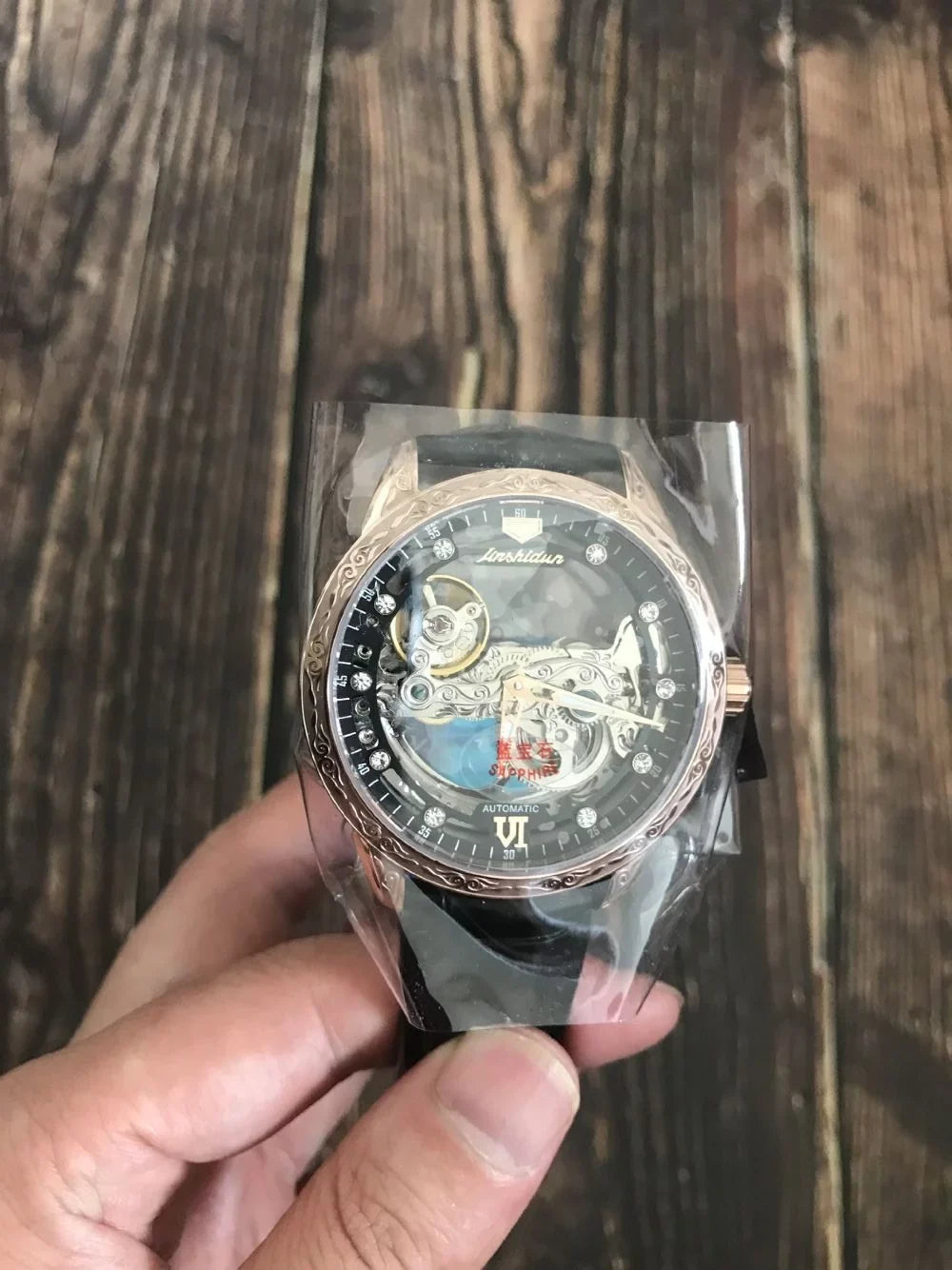 Rose Watch Mechanical Men's Black Luminous Skeleton Transparent Automatic