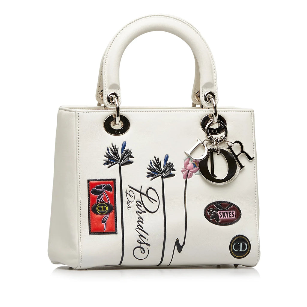 Paradise Medium Lady Unisex White Authenticated Satchel Dior Pre-Owned Lambskin Leather (Good)