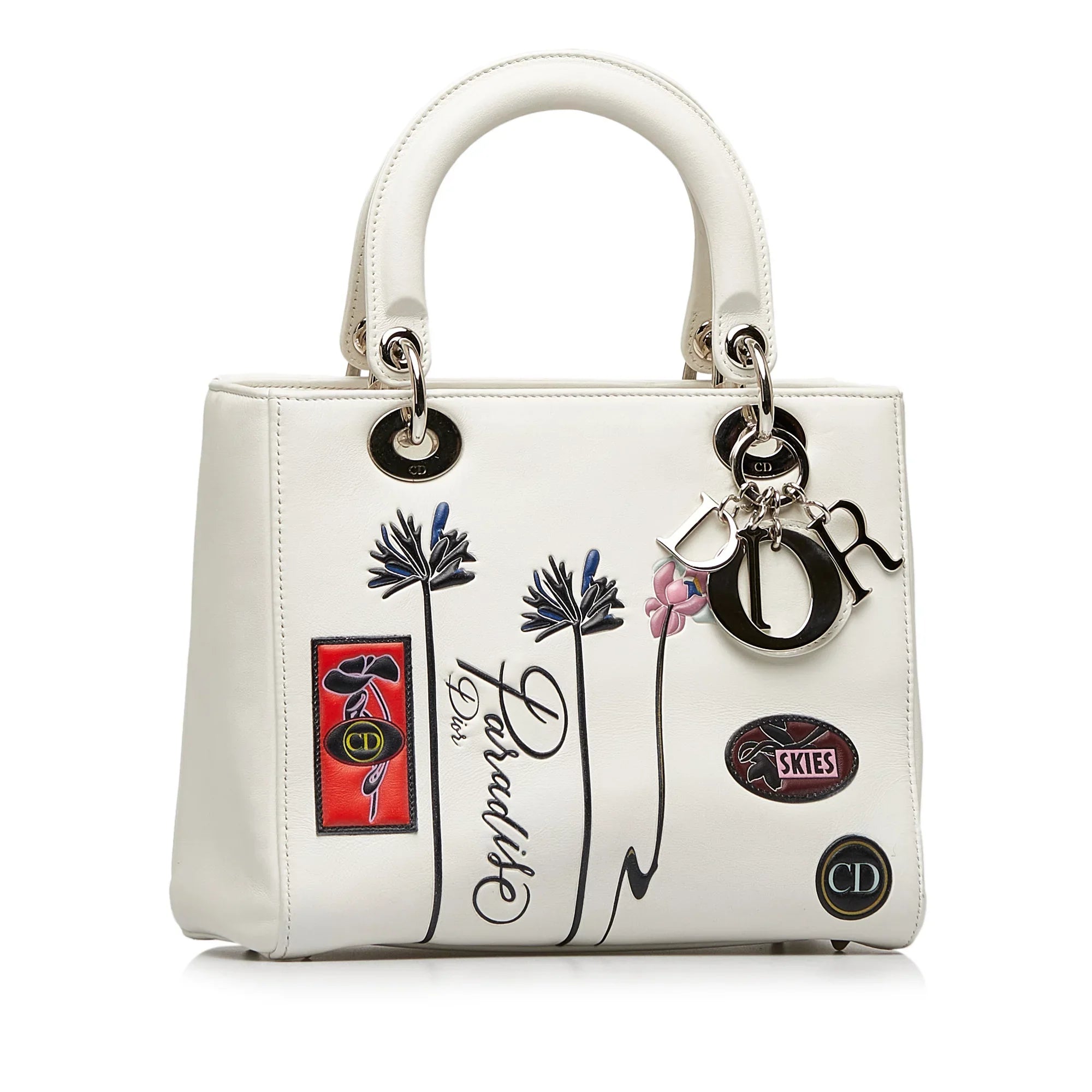 Paradise Medium Lady Unisex White Authenticated Satchel Dior Pre-Owned Lambskin Leather (Good)