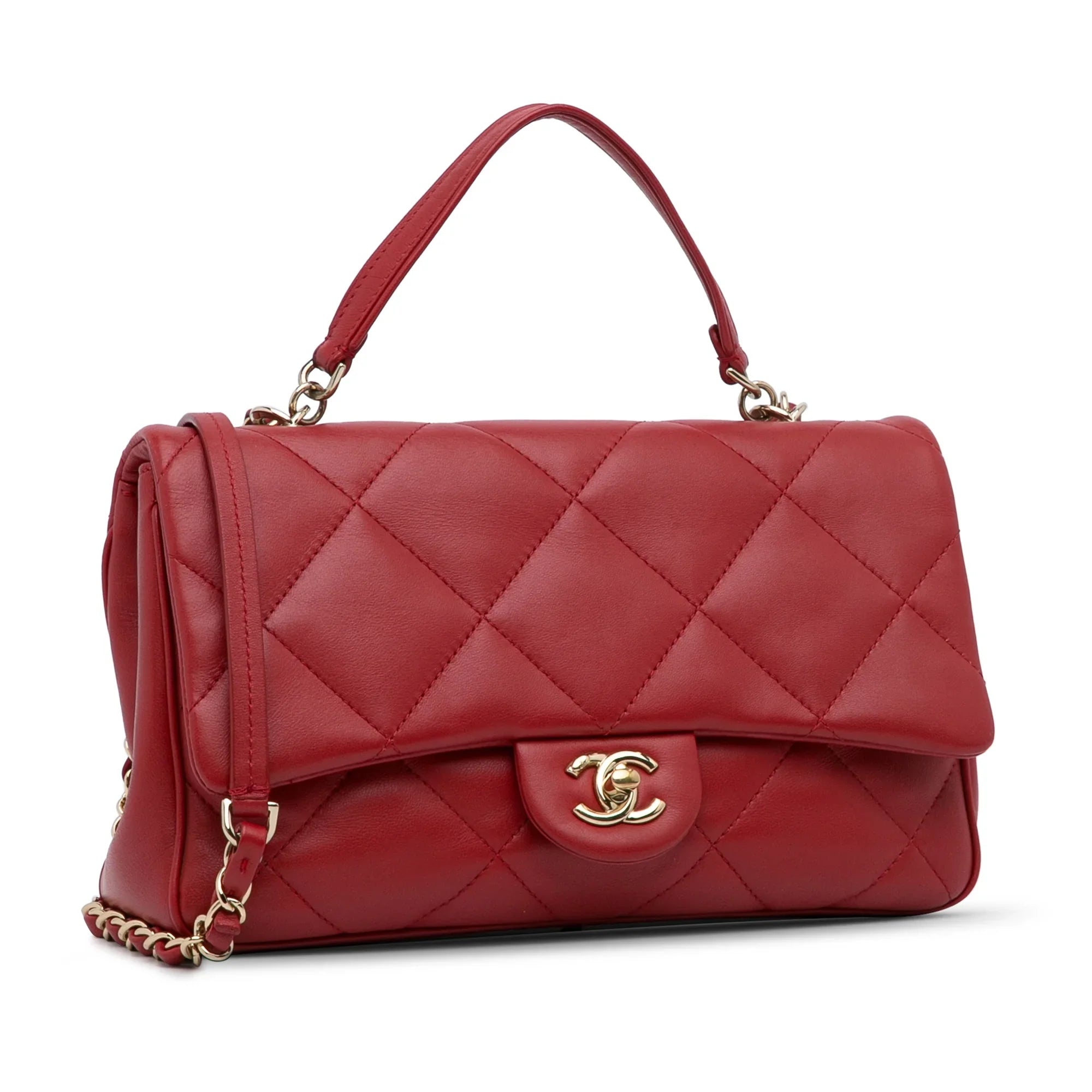 Bag Satchel Unisex Easy Pre-Owned Lambskin Carry (Good) Flap Authenticated Small Leather Chanel Red