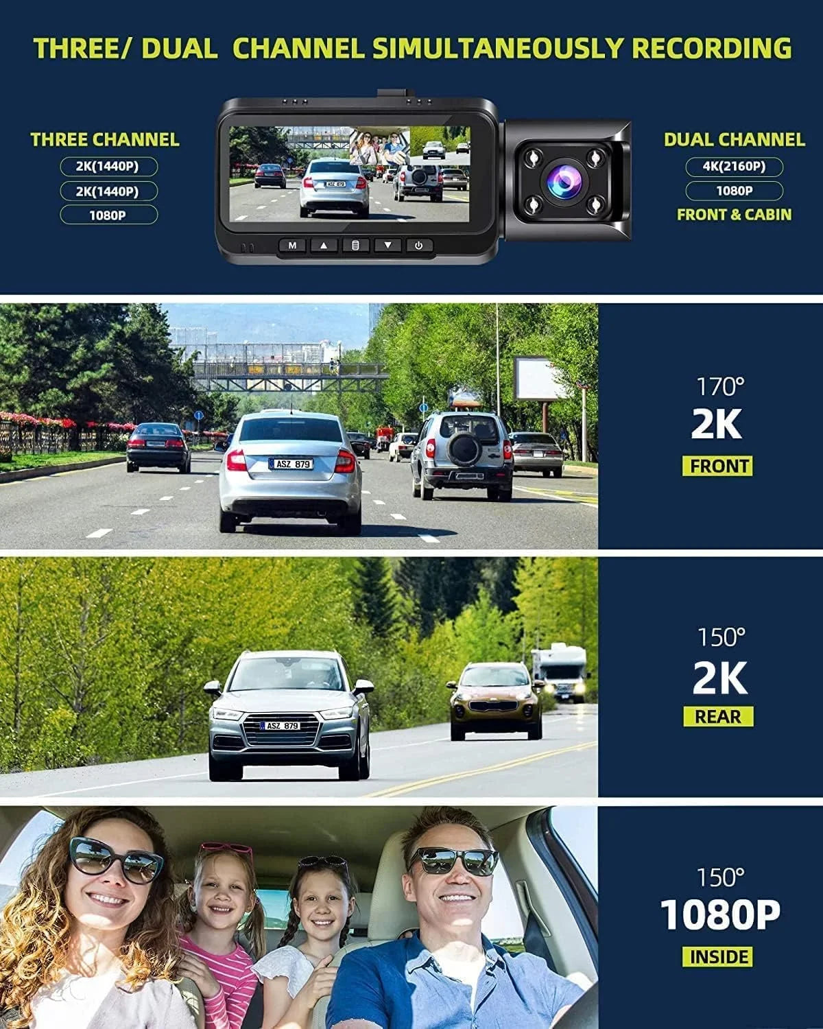 GPS Inside Night Front Vision,170° Camera Lock, 2K+1080P+2K Monitor Speed WDR, Wide Angle, IR Camera Parking 4K and Channel 3 TOGUARD Rear Dash Emergency Car