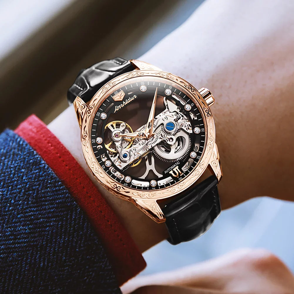 Rose Watch Mechanical Men's Black Luminous Skeleton Transparent Automatic