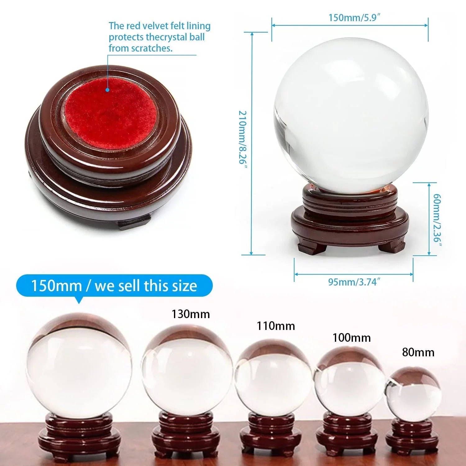 Clear Wood Ball, Gift Crystal for Marbles bimiti Magic Stand Witch Ball Glass with 5.9" Glass Large 150mm Sphere